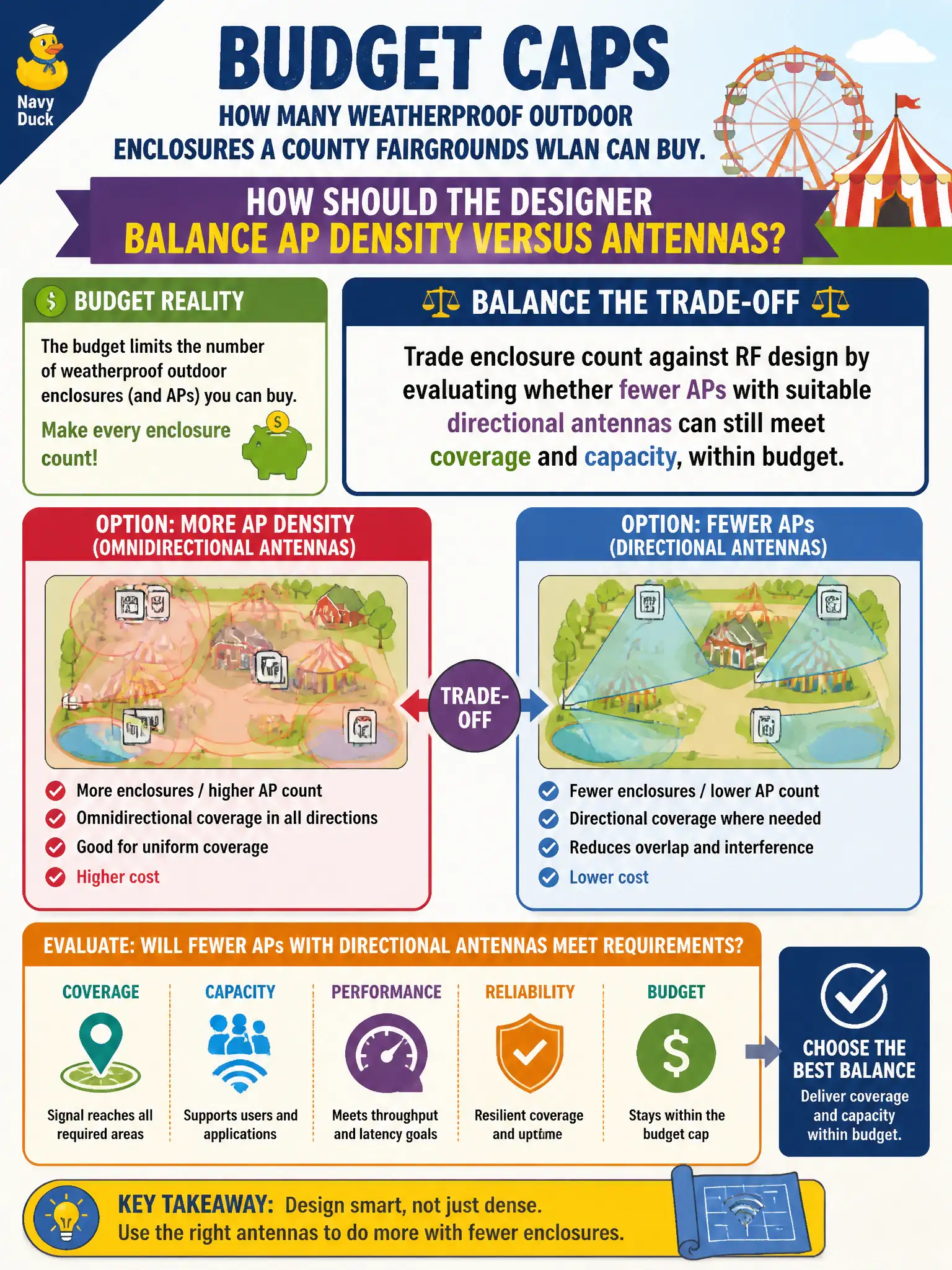 To Create an exciting colorful infographic that explains the concepts in the question: Question: Budget caps how many weatherproof outdoor enclosures a county fairgrounds WLAN can buy. How should the designer balance AP density versus antennas? Correct Answer: Trade enclosure count against RF design by evaluating whether fewer APs with suitable directional antennas can still meet coverage and capacity, within budget. Put EVERY visible label in double quotes. No people. No A/B/C/D letters. In one of the four corners put a little "Navy Duck".