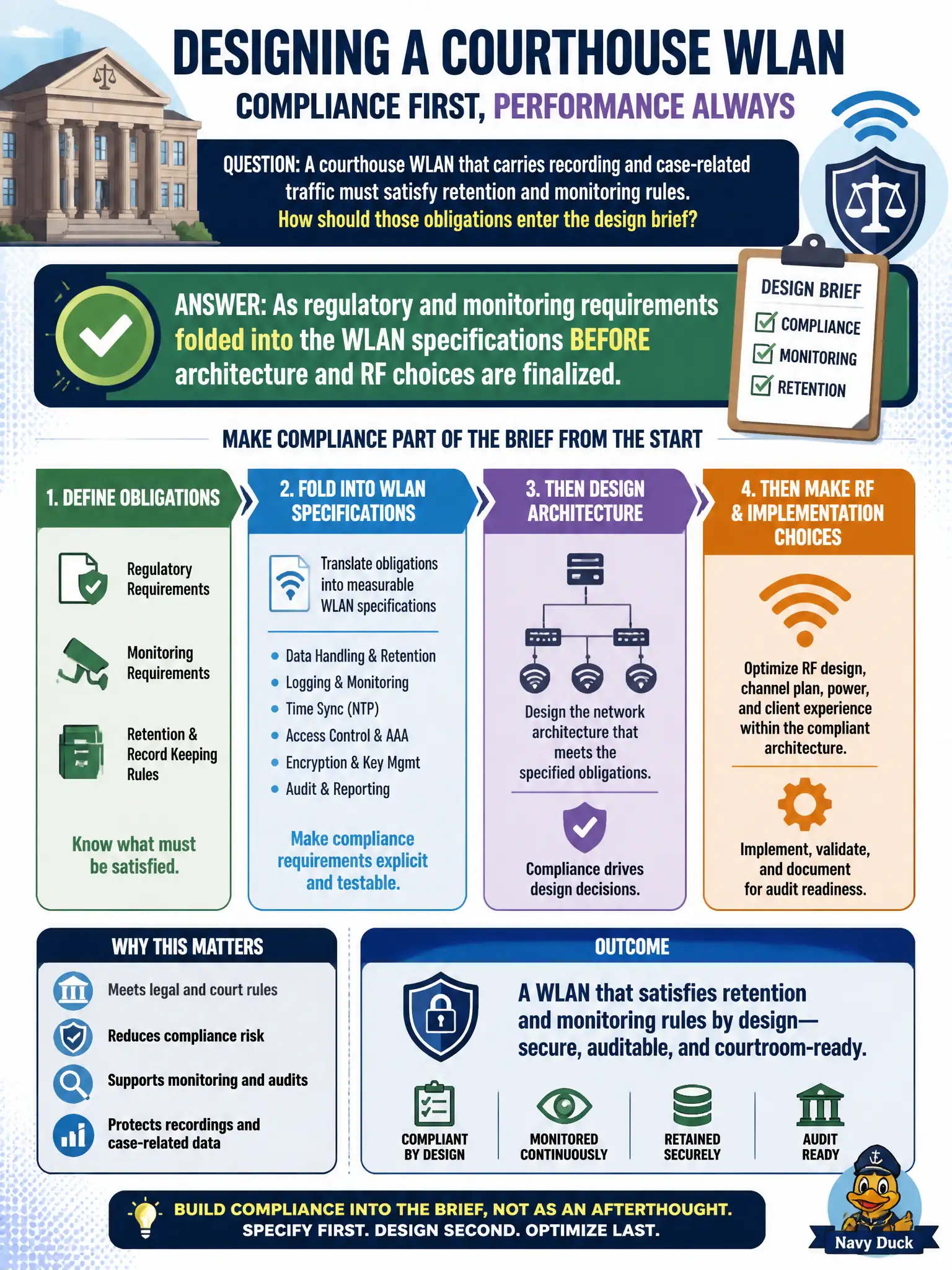 To Create an exciting colorful infographic that explains the concepts in the question: Question: A courthouse WLAN that carries recording and case-related traffic must satisfy retention and monitoring rules. How should those obligations enter the design brief? Correct Answer: As regulatory and monitoring requirements folded into the WLAN specifications before architecture and RF choices are finalized. Put EVERY visible label in double quotes. No people. No A/B/C/D letters. In one of the four corners put a little "Navy Duck".
