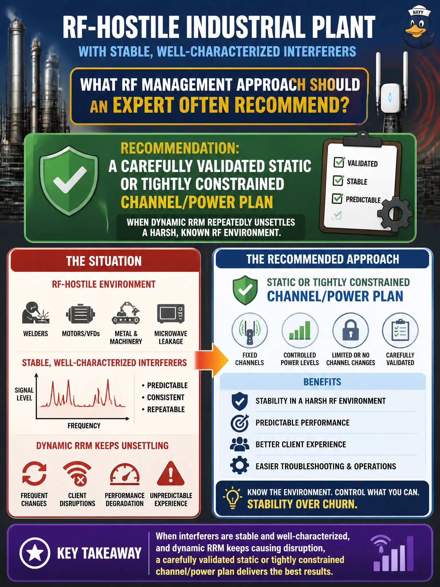 To Create an exciting colorful infographic that explains the concepts in the question: Question: In an RF-hostile industrial plant with stable, well-characterized interferers, what RF management approach should an expert often recommend? Correct Answer: A carefully validated static or tightly constrained channel/power plan when dynamic RRM repeatedly unsettles a harsh, known RF environment. Put EVERY visible label in double quotes. No people. No A/B/C/D letters. In one of the four corners put a little "Navy Duck".