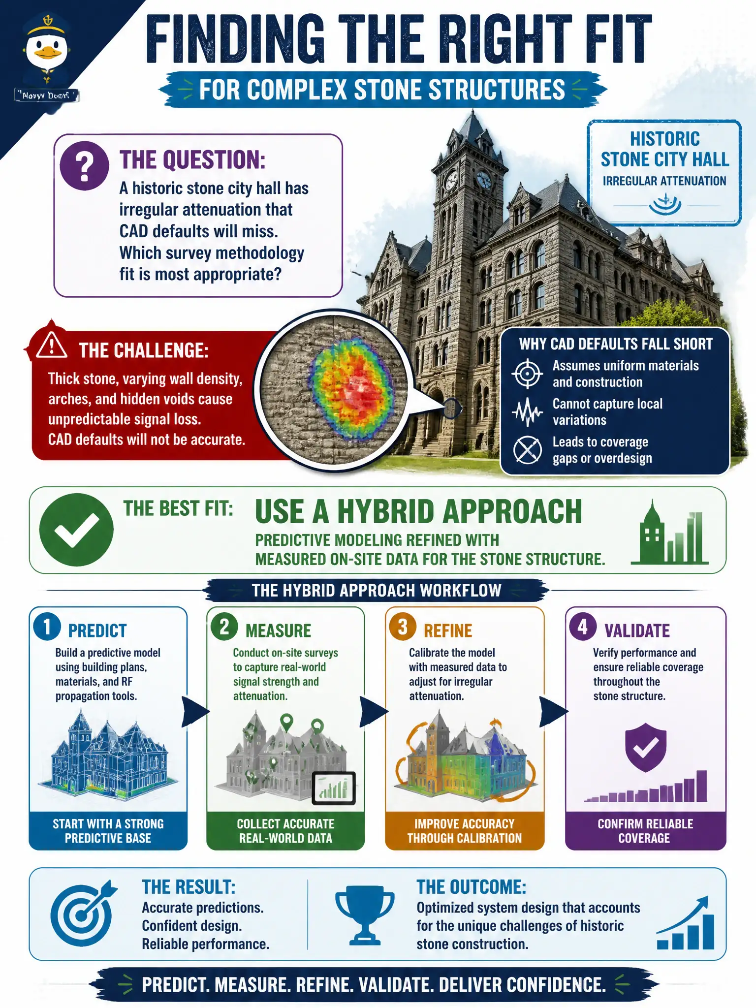 To Create an exciting colorful infographic that explains the concepts in the question: Question: A historic stone city hall has irregular attenuation that CAD defaults will miss. Which survey methodology fit is most appropriate? Correct Answer: Use a hybrid approach: predictive modeling refined with measured on-site data for the stone structure. Put EVERY visible label in double quotes. No people. No A/B/C/D letters. In one of the four corners put a little "Navy Duck".