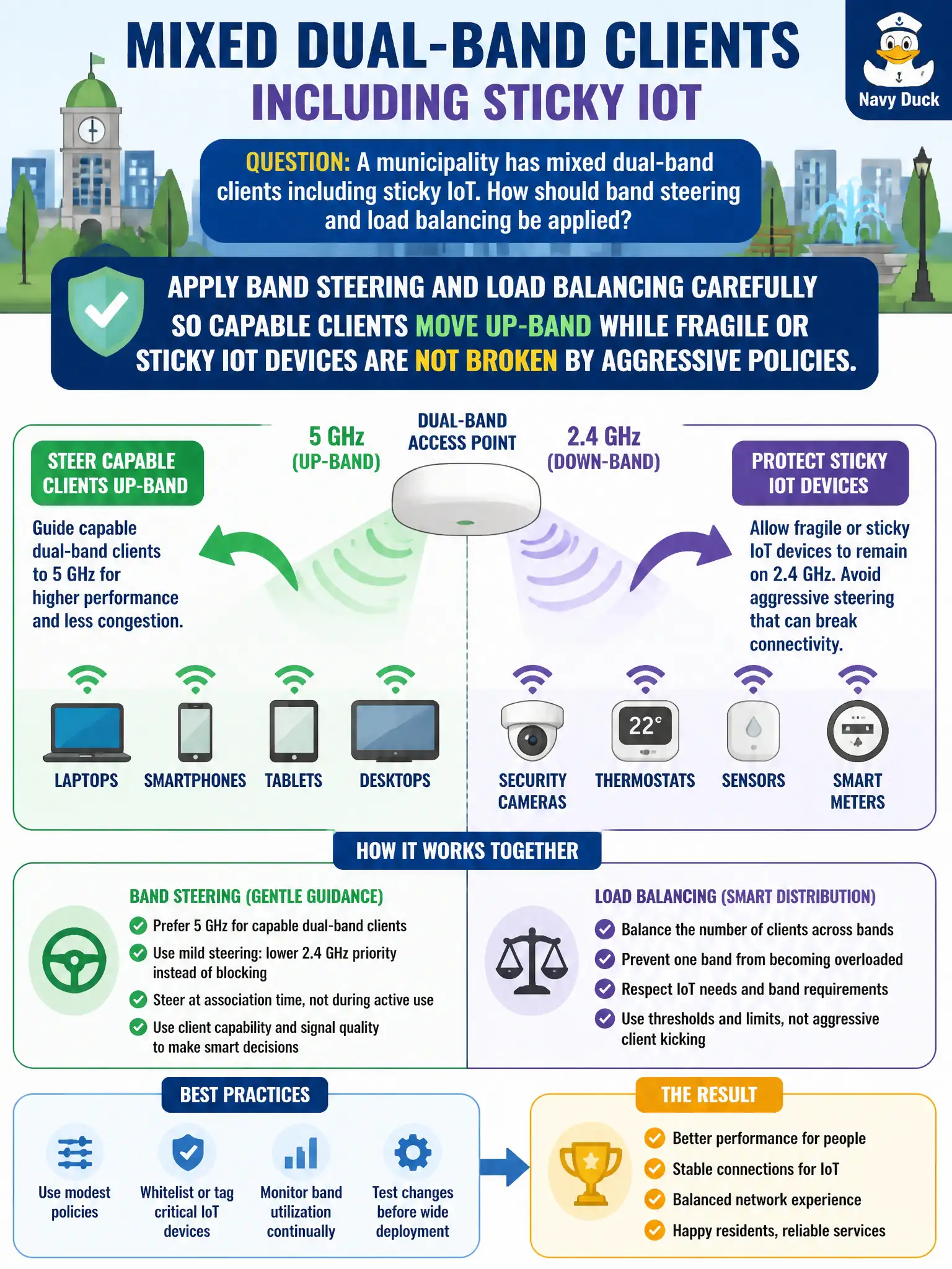 To Create an exciting colorful infographic that explains the concepts in the question: Question: A municipality has mixed dual-band clients including sticky IoT. How should band steering and load balancing be applied? Correct Answer: Apply band steering and load balancing carefully so capable clients move up-band while fragile or sticky IoT devices are not broken by aggressive policies. Put EVERY visible label in double quotes. No people. No A/B/C/D letters. In one of the four corners put a little "Navy Duck".