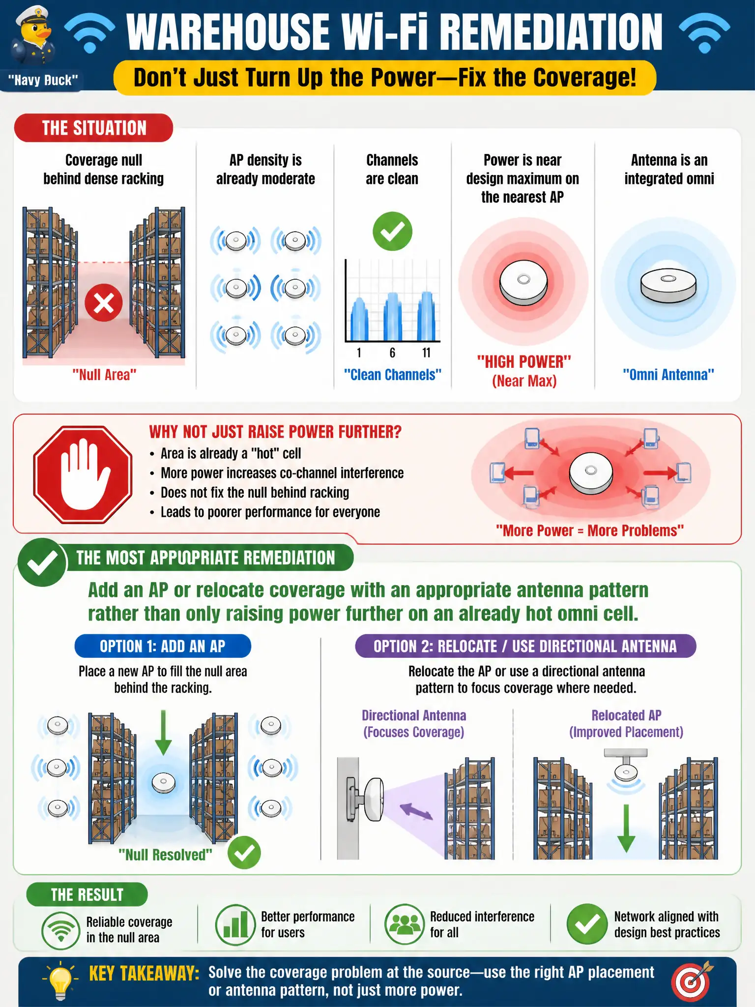 To Create an exciting colorful infographic that explains the concepts in the question: Question: Post-validation at a city warehouse shows a coverage null behind dense racking where AP density is already moderate and channels are clean. Power is near design maximum on the nearest AP, and the antenna is an integrated omni. What remediation is most appropriate? Correct Answer: Add an AP or relocate coverage with an appropriate antenna pattern rather than only raising power further on an already hot omni cell. Put EVERY visible label in double quotes. No people. No A/B/C/D letters. In one of the four corners put a little "Navy Duck".