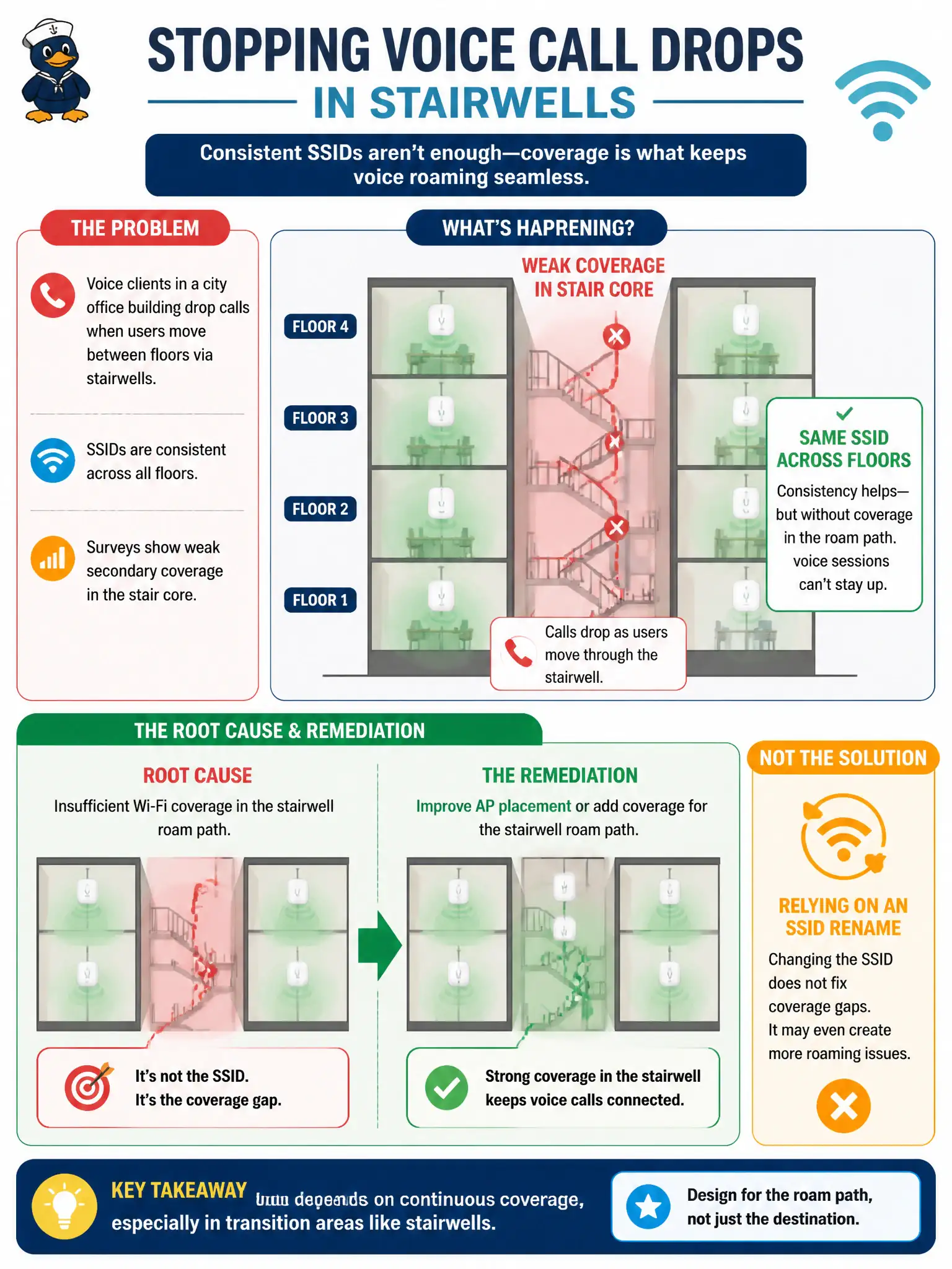 To Create an exciting colorful infographic that explains the concepts in the question: Question: Voice clients in a city office building drop calls when users move between floors via stairwells, even though SSIDs are consistent. Surveys show weak secondary coverage in the stair core. What remediation addresses the root cause? Correct Answer: Improve AP placement or add coverage for the stairwell roam path instead of relying on an SSID rename. Put EVERY visible label in double quotes. No people. No A/B/C/D letters. In one of the four corners put a little "Navy Duck".