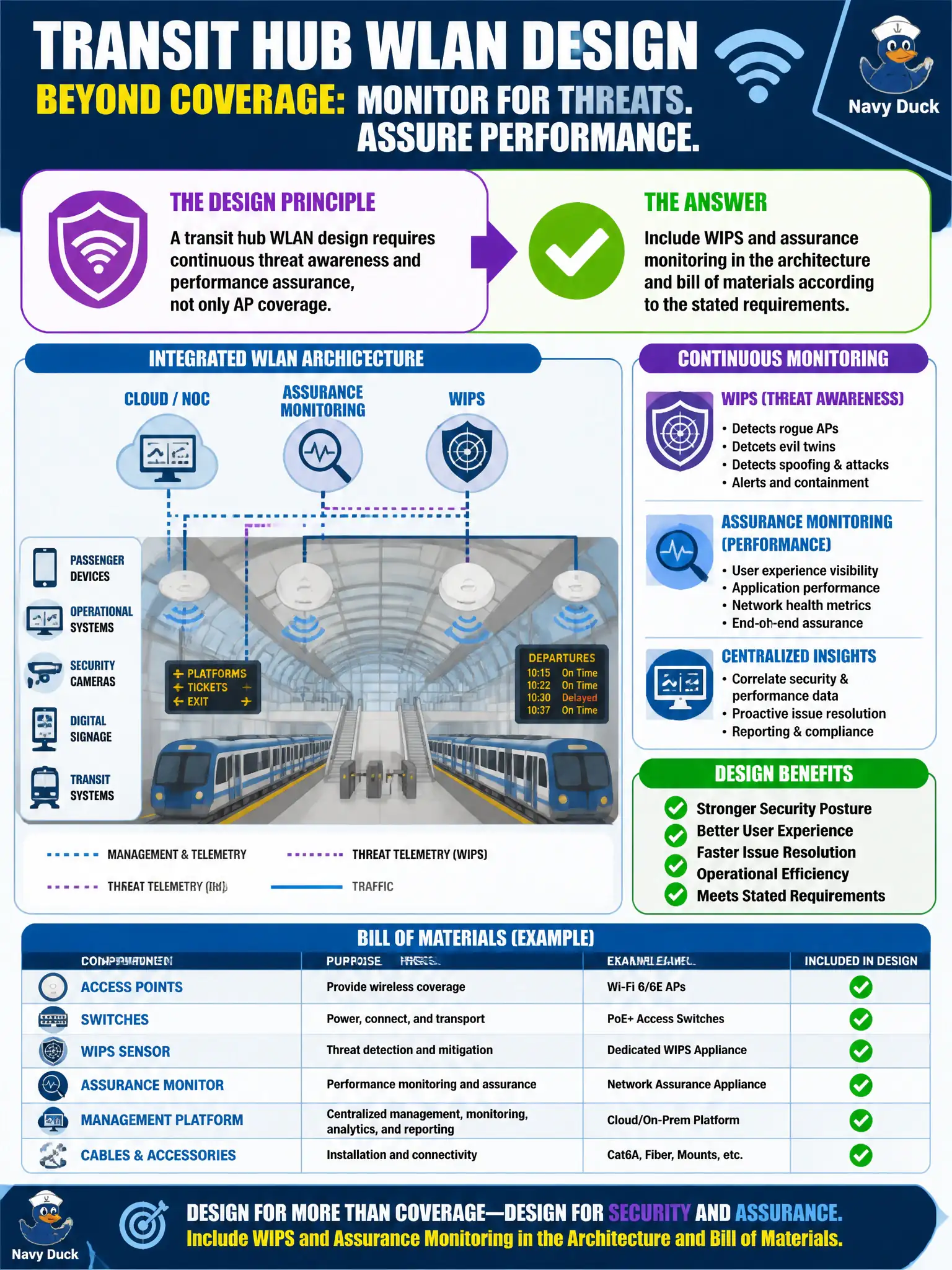 To Create an exciting colorful infographic that explains the concepts in the question: Question: A transit hub WLAN design requires continuous threat awareness and performance assurance, not only AP coverage. How should monitoring be treated in the design package? Correct Answer: Include WIPS and assurance monitoring in the architecture and bill of materials according to the stated requirements. Put EVERY visible label in double quotes. No people. No A/B/C/D letters. In one of the four corners put a little "Navy Duck".