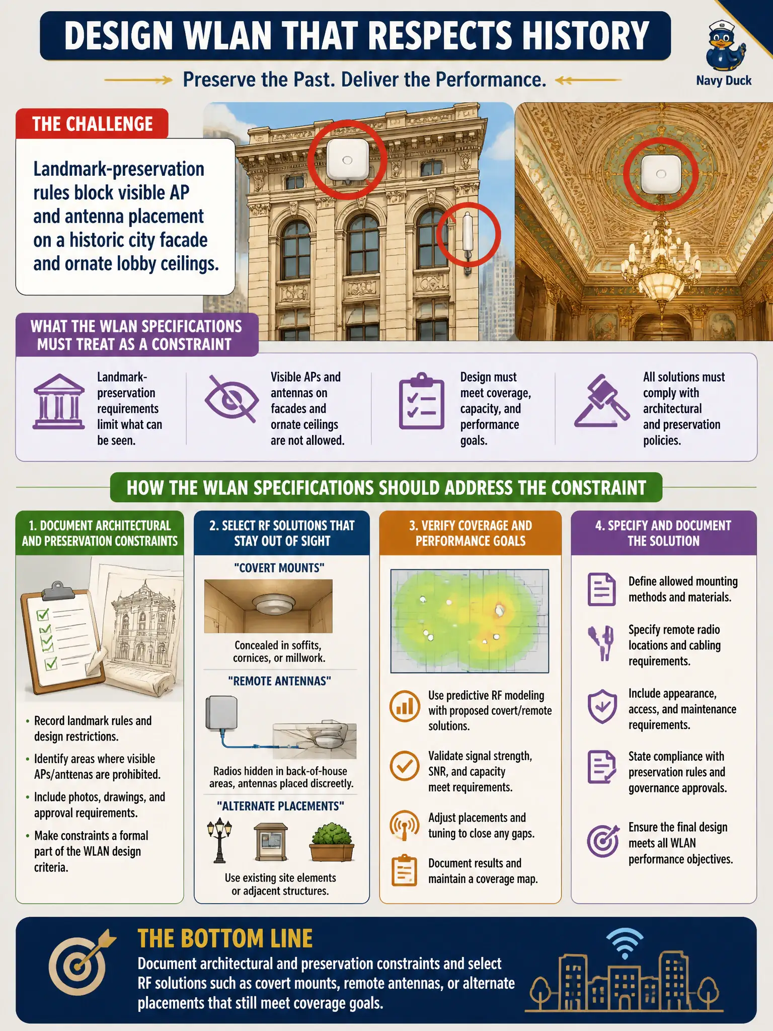 To Create an exciting colorful infographic that explains the concepts in the question: Question: Landmark-preservation rules block visible AP and antenna placement on a historic city facade and ornate lobby ceilings. How should the WLAN specifications treat that constraint? Correct Answer: Document architectural and preservation constraints and select RF solutions such as covert mounts, remote antennas, or alternate placements that still meet coverage goals. Put EVERY visible label in double quotes. No people. No A/B/C/D letters. In one of the four corners put a little "Navy Duck".