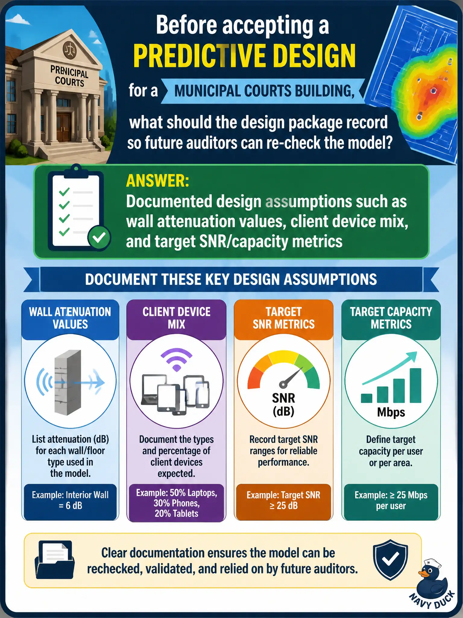 To Create an exciting colorful infographic that explains the concepts in the question: Question: Before accepting a predictive design for a municipal courts building, what should the design package record so future auditors can re-check the model? Correct Answer: Documented design assumptions such as wall attenuation values, client device mix, and target SNR/capacity metrics Put EVERY visible label in double quotes. No people. No A/B/C/D letters. In one of the four corners put a little "Navy Duck".