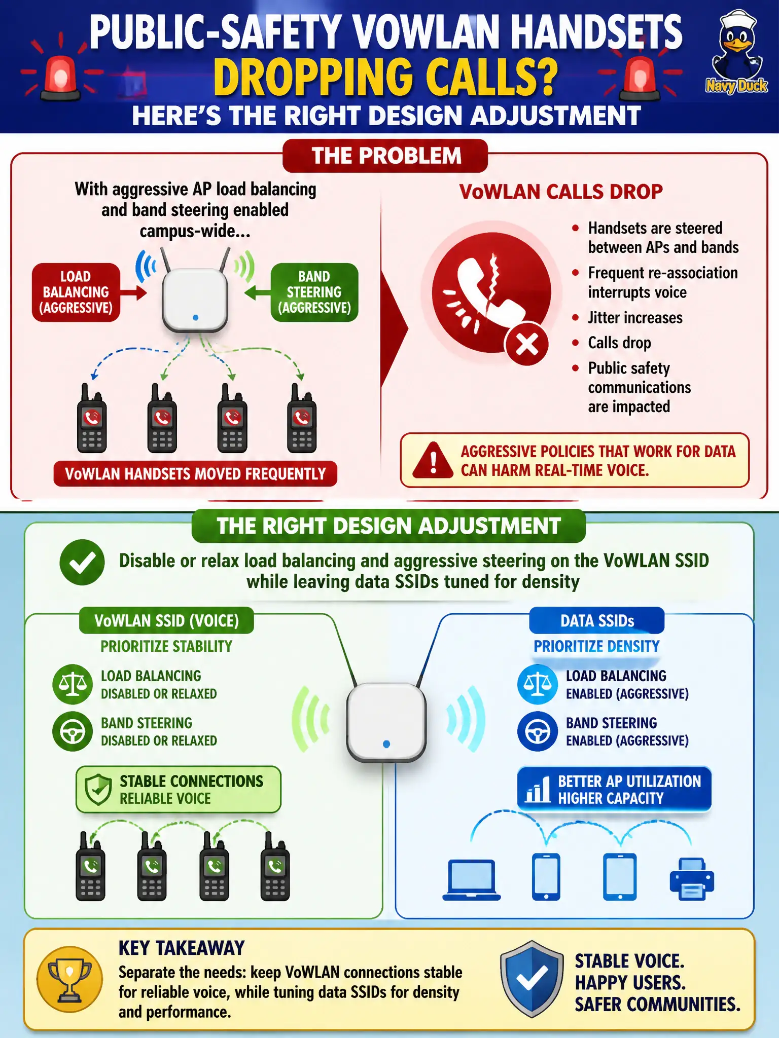 To Create an exciting colorful infographic that explains the concepts in the question: Question: Public-safety VoWLAN handsets on a dedicated SSID drop calls when aggressive AP load balancing and band steering are enabled campus-wide. What design adjustment is most appropriate? Correct Answer: Disable or relax load balancing and aggressive steering on the VoWLAN SSID while leaving data SSIDs tuned for density Put EVERY visible label in double quotes. No people. No A/B/C/D letters. In one of the four corners put a little "Navy Duck".