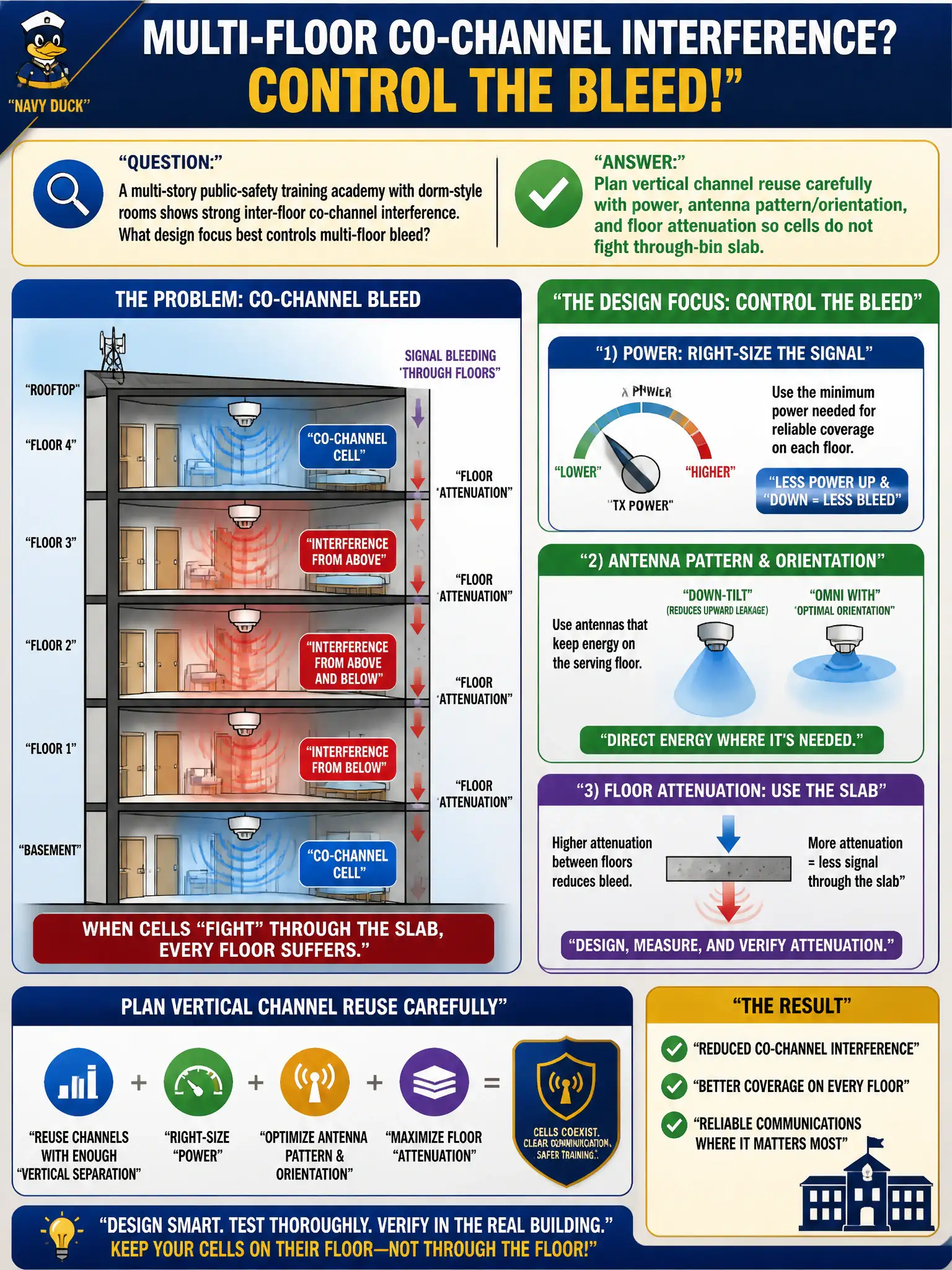 To Create an exciting colorful infographic that explains the concepts in the question: Question: A multi-story public-safety training academy with dorm-style rooms shows strong inter-floor co-channel interference. What design focus best controls multi-floor bleed? Correct Answer: Plan vertical channel reuse carefully with power, antenna pattern/orientation, and floor attenuation so cells do not fight through the slab Put EVERY visible label in double quotes. No people. No A/B/C/D letters. In one of the four corners put a little "Navy Duck".