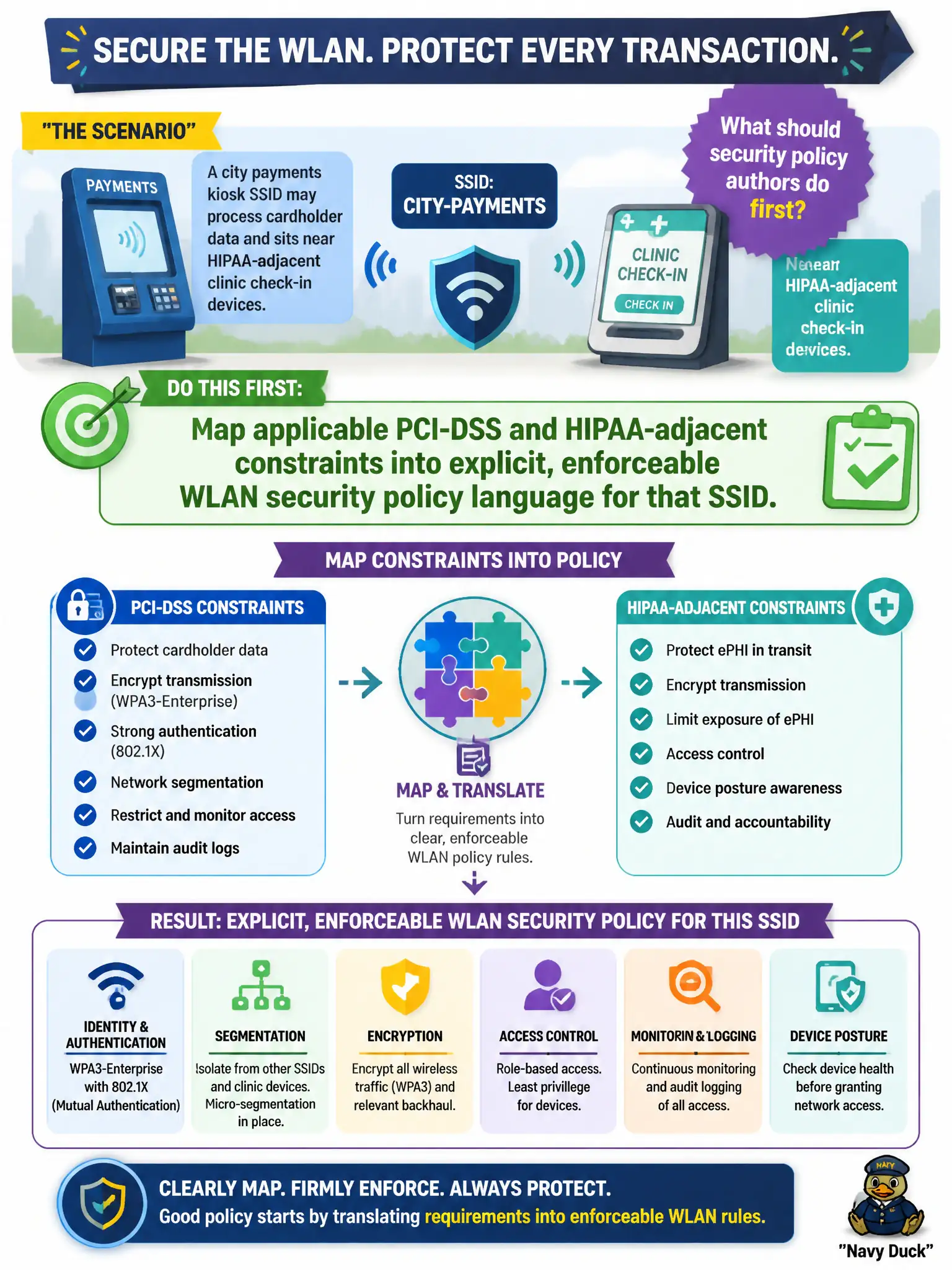 To Create an exciting colorful infographic that explains the concepts in the question: Question: A city payments kiosk SSID may process cardholder data and sits near HIPAA-adjacent clinic check-in devices. What should security policy authors do first? Correct Answer: Map applicable PCI-DSS and HIPAA-adjacent constraints into explicit, enforceable WLAN security policy language for that SSID Put EVERY visible label in double quotes. No people. No A/B/C/D letters. In one of the four corners put a little "Navy Duck".