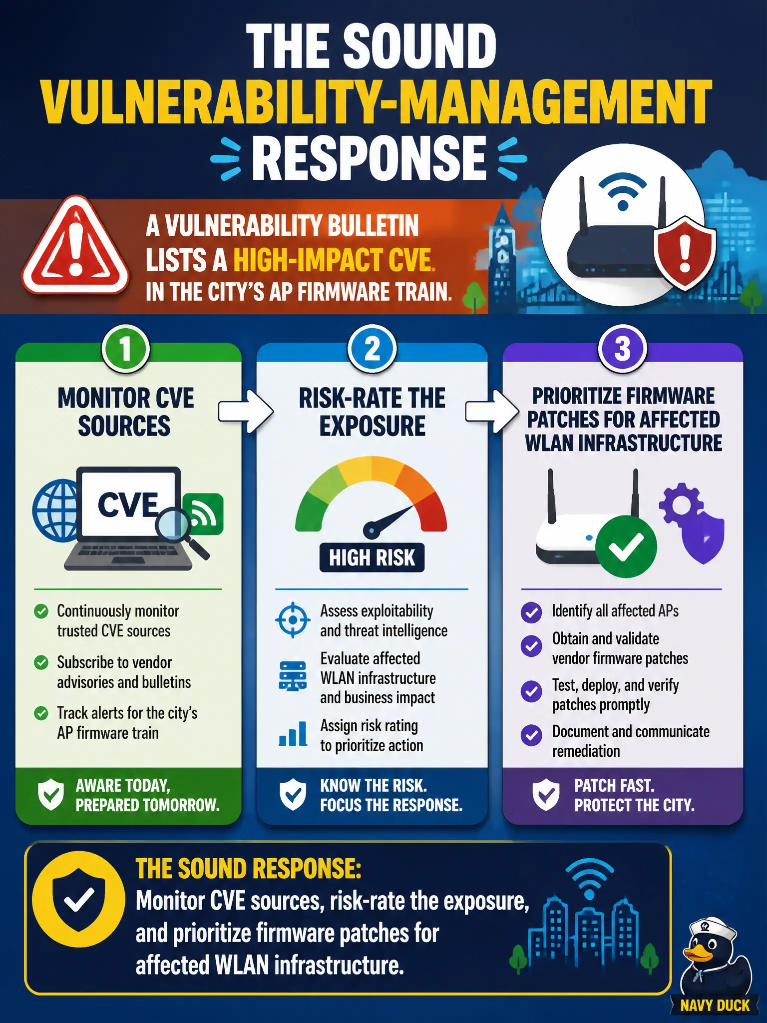 To Create an exciting colorful infographic that explains the concepts in the question: Question: A vulnerability bulletin lists a high-impact CVE in the city’s AP firmware train. What is the sound vulnerability-management response? Correct Answer: Monitor CVE sources, risk-rate the exposure, and prioritize firmware patches for affected WLAN infrastructure Put EVERY visible label in double quotes. No people. No A/B/C/D letters. In one of the four corners put a little "Navy Duck".