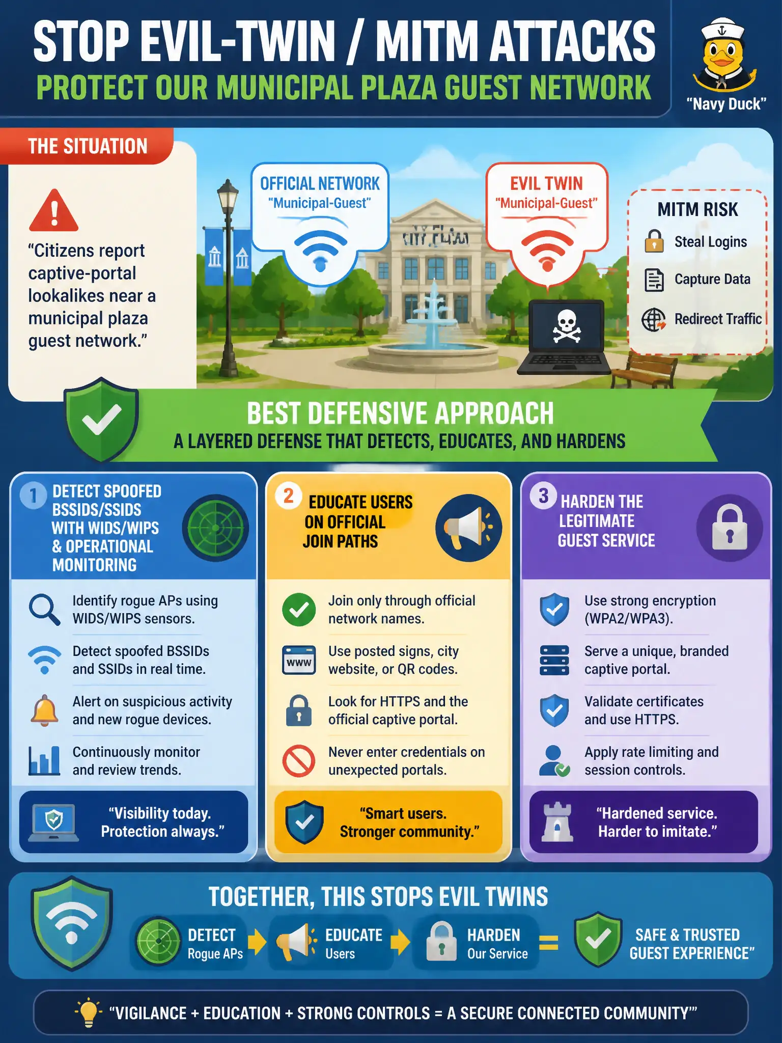 To Create an exciting colorful infographic that explains the concepts in the question: Question: Citizens report captive-portal lookalikes near a municipal plaza guest network. Which defensive approach best addresses evil-twin / MitM patterns? Correct Answer: Detect spoofed BSSIDs/SSIDs with WIDS/WIPS and operational monitoring, educate users on official join paths, and harden the legitimate guest service Put EVERY visible label in double quotes. No people. No A/B/C/D letters. In one of the four corners put a little "Navy Duck".