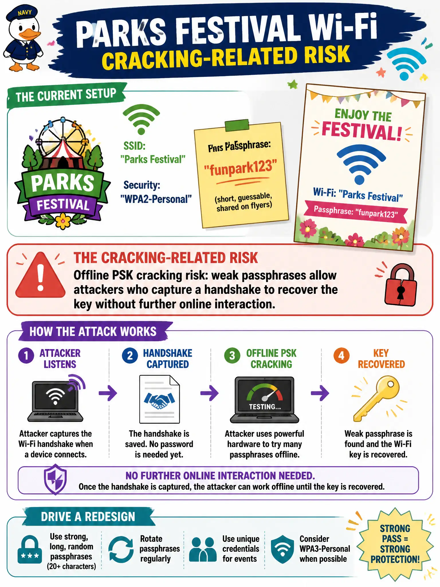 To Create an exciting colorful infographic that explains the concepts in the question: Question: A parks festival SSID uses WPA2-Personal with a short, guessable passphrase shared on flyers. What cracking-related risk should drive a redesign? Correct Answer: Offline PSK cracking risk: weak passphrases allow attackers who capture a handshake to recover the key without further online interaction Put EVERY visible label in double quotes. No people. No A/B/C/D letters. In one of the four corners put a little "Navy Duck".