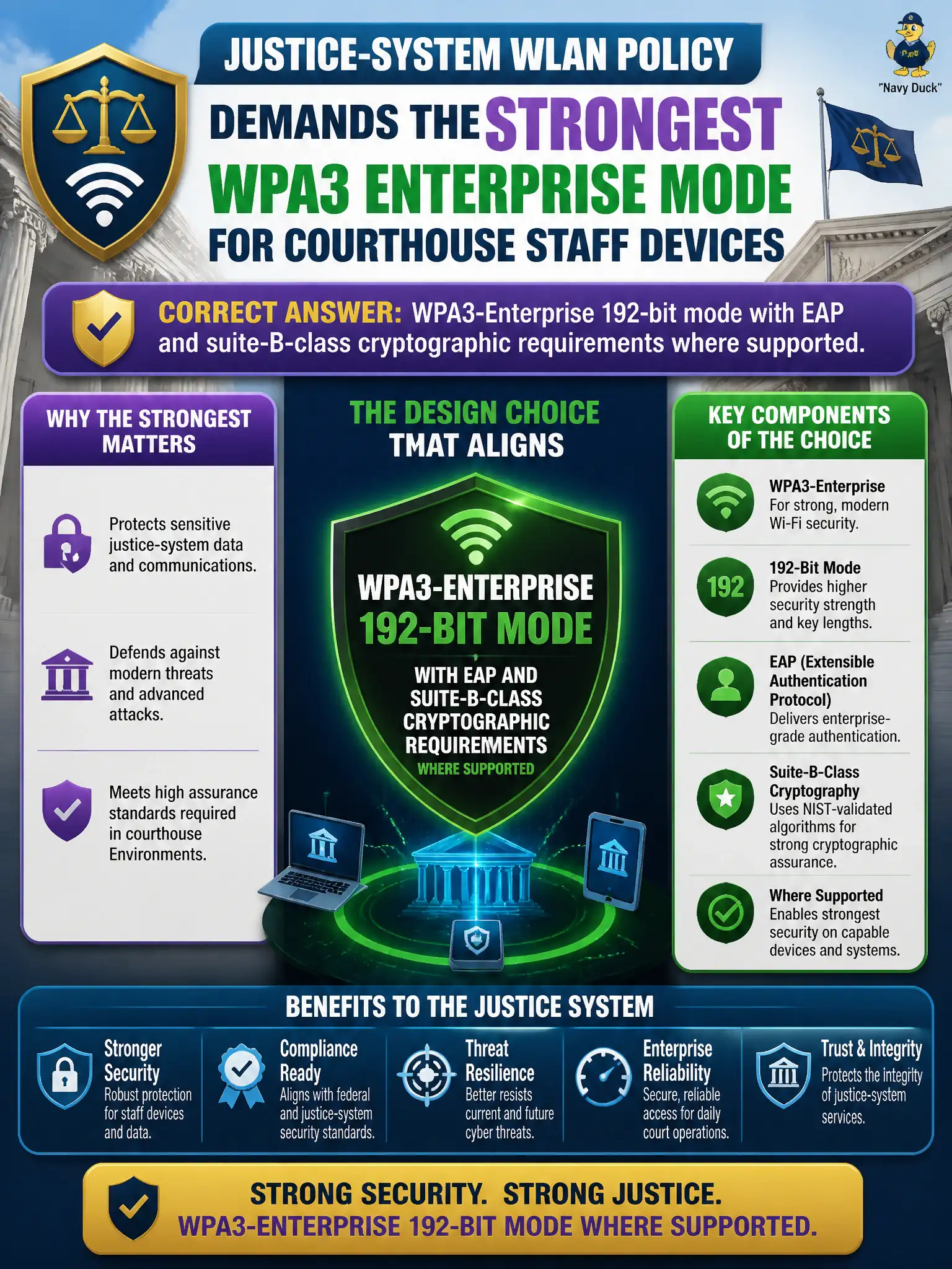 To Create an exciting colorful infographic that explains the concepts in the question: Question: Justice-system WLAN policy demands the strongest WPA3 enterprise mode for courthouse staff devices. Which design choice aligns? Correct Answer: WPA3-Enterprise 192-bit mode with EAP and suite-B-class cryptographic requirements where supported. Put EVERY visible label in double quotes. No people. No A/B/C/D letters. In one of the four corners put a little "Navy Duck".