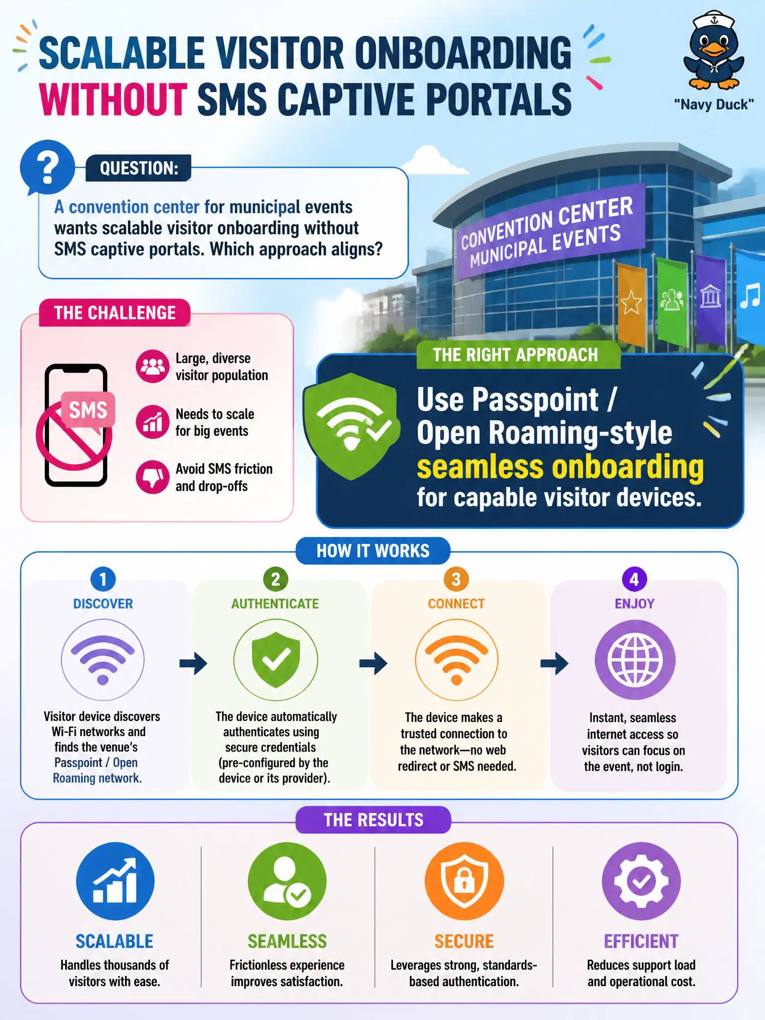 To Create an exciting colorful infographic that explains the concepts in the question: Question: A convention center for municipal events wants scalable visitor onboarding without SMS captive portals. Which approach aligns? Correct Answer: Use Passpoint / Open Roaming-style seamless onboarding for capable visitor devices. Put EVERY visible label in double quotes. No people. No A/B/C/D letters. In one of the four corners put a little "Navy Duck".