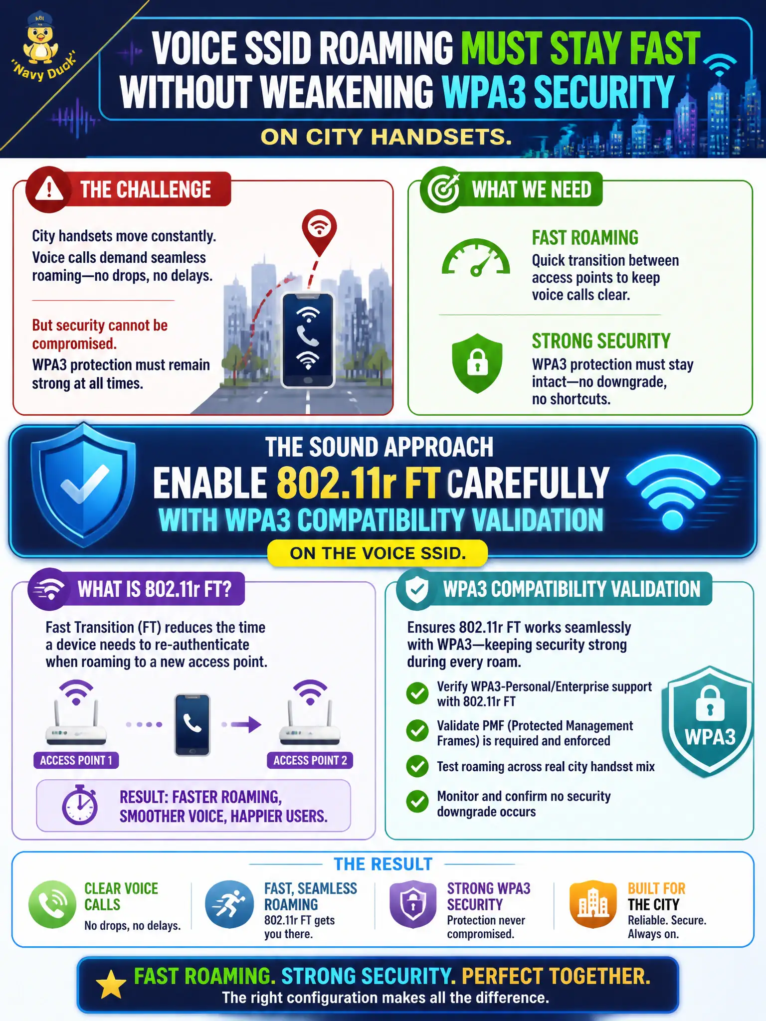 To Create an exciting colorful infographic that explains the concepts in the question: Question: Voice SSID roaming must stay fast without weakening WPA3 security on city handsets. What is the sound approach? Correct Answer: Enable 802.11r FT carefully with WPA3 compatibility validation on the voice SSID. Put EVERY visible label in double quotes. No people. No A/B/C/D letters. In one of the four corners put a little "Navy Duck".