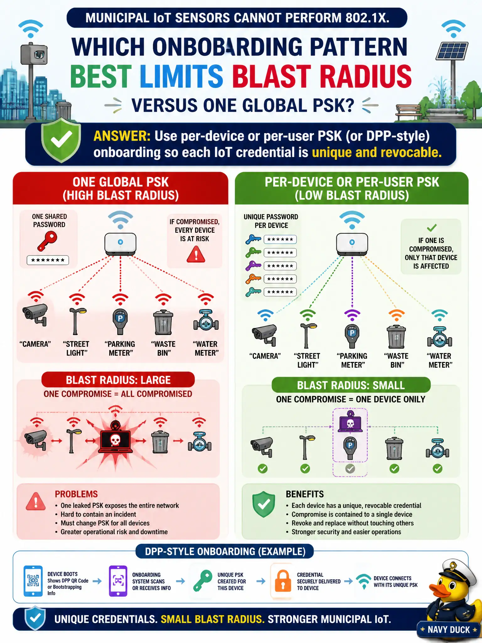 To Create an exciting colorful infographic that explains the concepts in the question: Question: Municipal IoT sensors cannot perform 802.1X. Which onboarding pattern best limits blast radius versus one global PSK? Correct Answer: Use per-device or per-user PSK (or DPP-style) onboarding so each IoT credential is unique and revocable. Put EVERY visible label in double quotes. No people. No A/B/C/D letters. In one of the four corners put a little "Navy Duck".