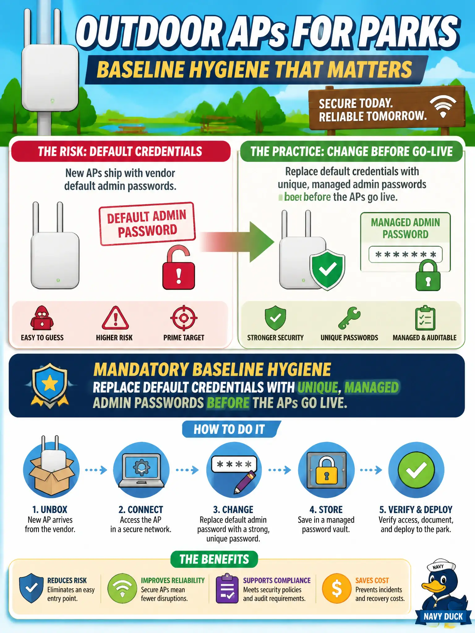 To Create an exciting colorful infographic that explains the concepts in the question: Question: New outdoor APs for parks still ship with vendor default admin passwords. What baseline hygiene is mandatory before production use? Correct Answer: Replace default credentials with unique, managed admin passwords before the APs go live. Put EVERY visible label in double quotes. No people. No A/B/C/D letters. In one of the four corners put a little "Navy Duck".