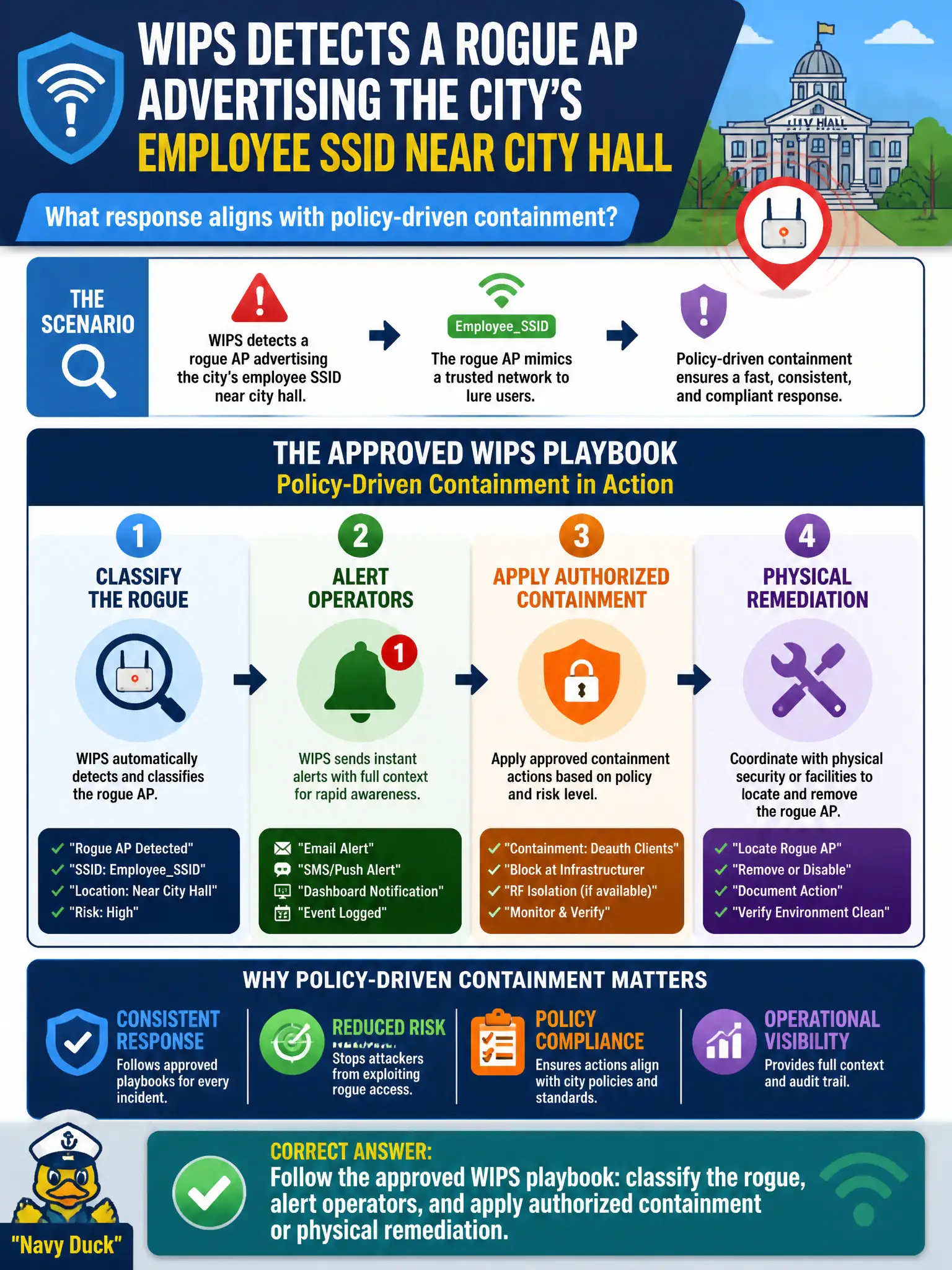 To Create an exciting colorful infographic that explains the concepts in the question: Question: WIPS detects a rogue AP advertising the city’s employee SSID near city hall. What response aligns with policy-driven containment? Correct Answer: Follow the approved WIPS playbook: classify the rogue, alert operators, and apply authorized containment or physical remediation. Put EVERY visible label in double quotes. No people. No A/B/C/D letters. In one of the four corners put a little "Navy Duck".