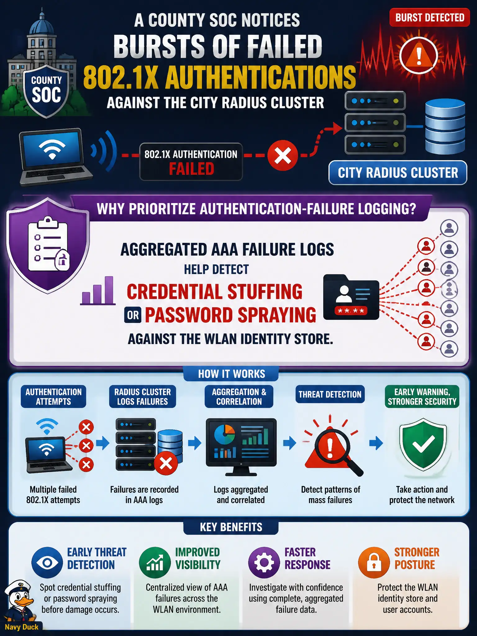 To Create an exciting colorful infographic that explains the concepts in the question: Question: A county SOC notices bursts of failed 802.1X authentications against the city RADIUS cluster. Why should authentication-failure logging be prioritized? Correct Answer: Aggregated AAA failure logs help detect credential stuffing or password spraying against the WLAN identity store. Put EVERY visible label in double quotes. No people. No A/B/C/D letters. In one of the four corners put a little "Navy Duck".