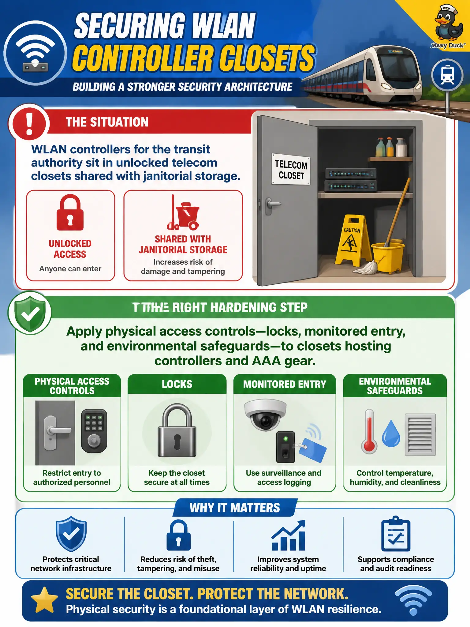 To Create an exciting colorful infographic that explains the concepts in the question: Question: WLAN controllers for the transit authority sit in unlocked telecom closets shared with janitorial storage. Which hardening step belongs in the security architecture? Correct Answer: Apply physical access controls—locks, monitored entry, and environmental safeguards—to closets hosting controllers and AAA gear. Put EVERY visible label in double quotes. No people. No A/B/C/D letters. In one of the four corners put a little "Navy Duck".