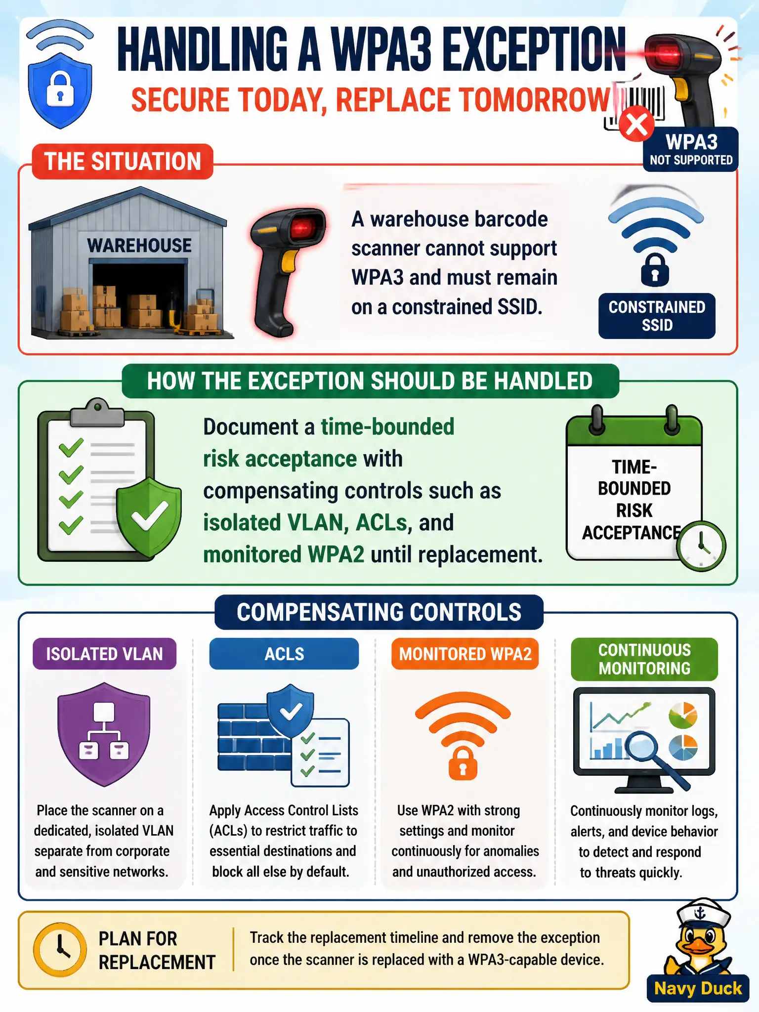 To Create an exciting colorful infographic that explains the concepts in the question: Question: A warehouse barcode scanner cannot support WPA3 and must remain on a constrained SSID. How should the exception be handled? Correct Answer: Document a time-bounded risk acceptance with compensating controls such as isolated VLAN, ACLs, and monitored WPA2 until replacement. Put EVERY visible label in double quotes. No people. No A/B/C/D letters. In one of the four corners put a little "Navy Duck".
