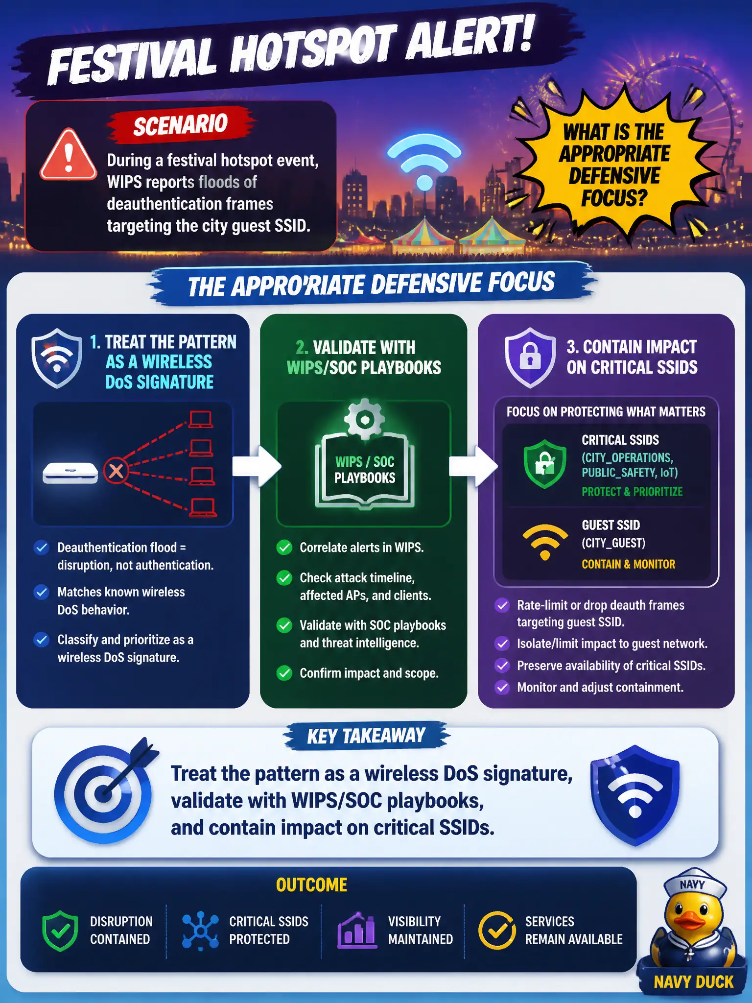 To Create an exciting colorful infographic that explains the concepts in the question: Question: During a festival hotspot event, WIPS reports floods of deauthentication frames targeting the city guest SSID. What is the appropriate defensive focus? Correct Answer: Treat the pattern as a wireless DoS signature, validate with WIPS/SOC playbooks, and contain impact on critical SSIDs. Put EVERY visible label in double quotes. No people. No A/B/C/D letters. In one of the four corners put a little "Navy Duck".