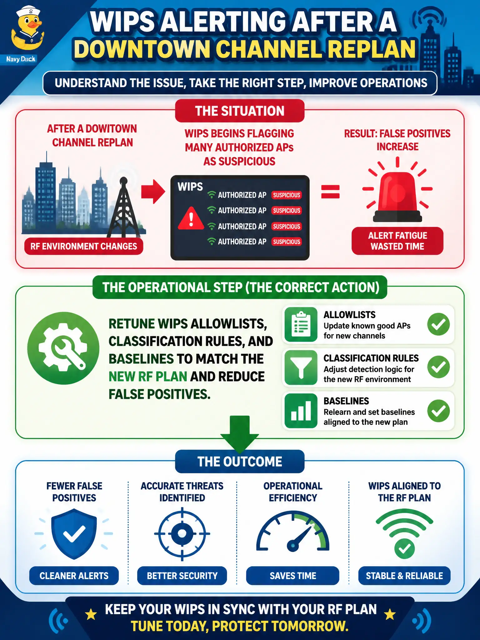 To Create an exciting colorful infographic that explains the concepts in the question: Question: After a downtown channel replan, WIPS begins flagging many authorized APs as suspicious. What operational step should follow? Correct Answer: Retune WIPS allowlists, classification rules, and baselines to match the new RF plan and reduce false positives. Put EVERY visible label in double quotes. No people. No A/B/C/D letters. In one of the four corners put a little "Navy Duck".