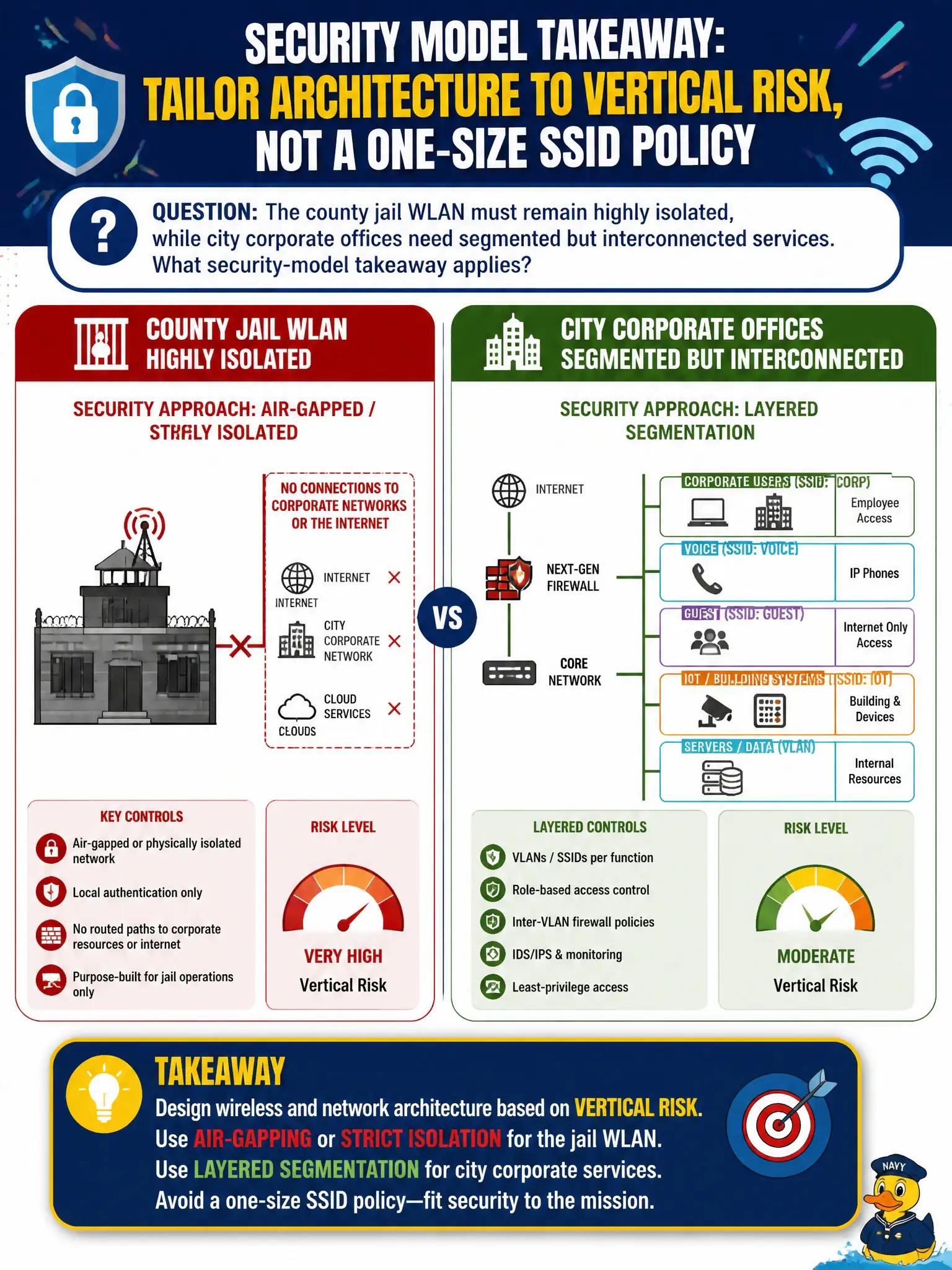 To Create an exciting colorful infographic that explains the concepts in the question: Question: The county jail WLAN must remain highly isolated, while city corporate offices need segmented but interconnected services. What security-model takeaway applies? Correct Answer: Tailor architecture—air-gapping or strict isolation for the jail versus layered segmentation for city corp—based on vertical risk, not a one-size SSID policy. Put EVERY visible label in double quotes. No people. No A/B/C/D letters. In one of the four corners put a little "Navy Duck".