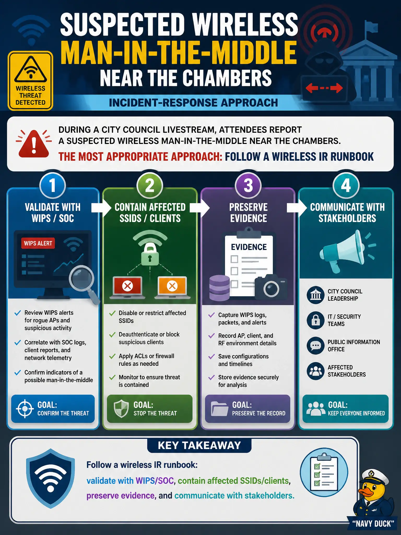 To Create an exciting colorful infographic that explains the concepts in the question: Question: During a city council livestream, attendees report a suspected wireless man-in-the-middle near the chambers. What incident-response approach is most appropriate? Correct Answer: Follow a wireless IR runbook: validate with WIPS/SOC, contain affected SSIDs/clients, preserve evidence, and communicate with stakeholders. Put EVERY visible label in double quotes. No people. No A/B/C/D letters. In one of the four corners put a little "Navy Duck".