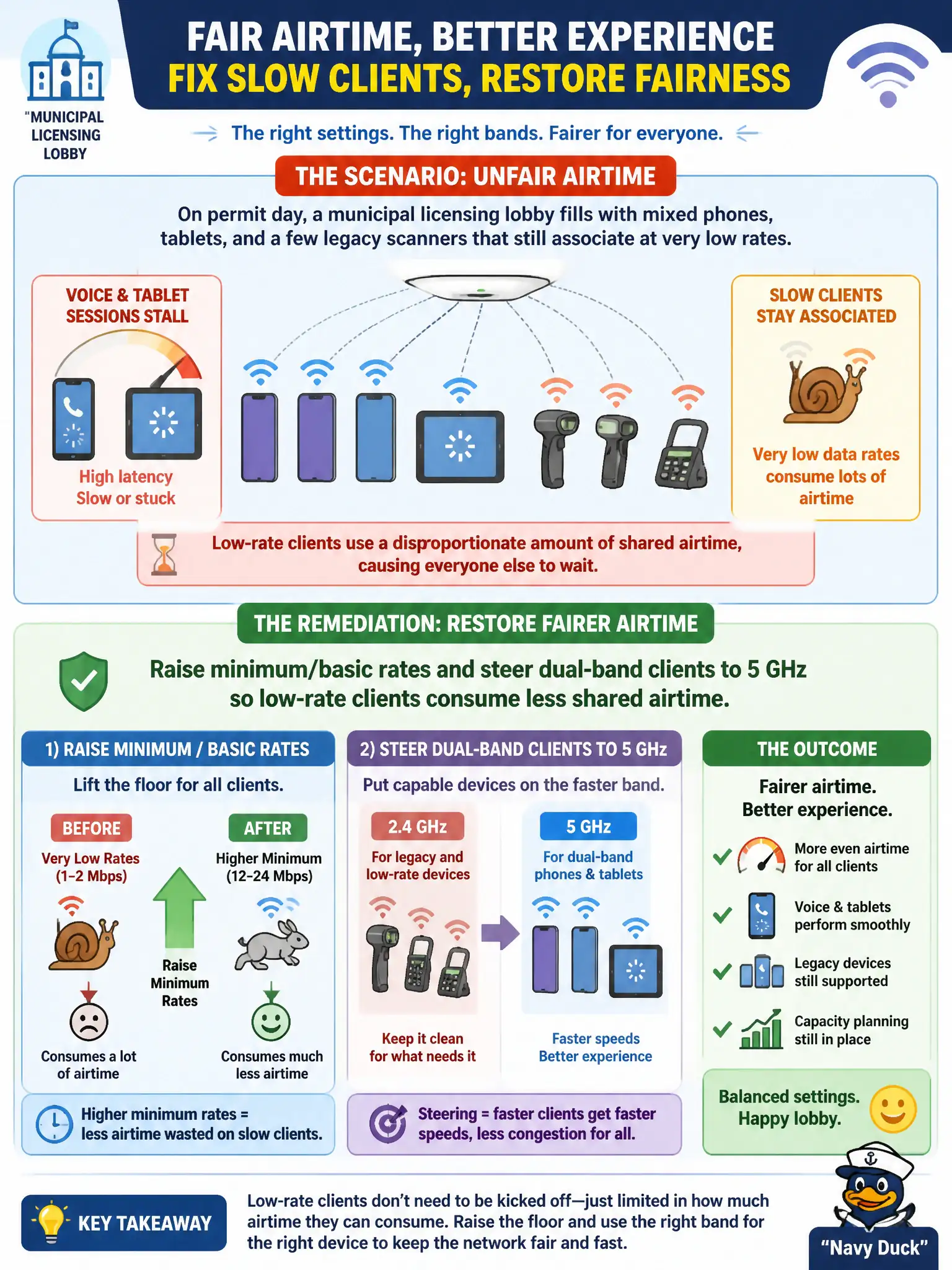 To Create an exciting colorful infographic that explains the concepts in the question: Question: On permit day, a municipal licensing lobby fills with mixed phones, tablets, and a few legacy scanners that still associate at very low rates. Voice and tablet sessions stall while those slow clients stay associated. Which remediation best restores fairer airtime without abandoning capacity planning? Correct Answer: Raise minimum/basic rates and steer dual-band clients to 5 GHz so low-rate clients consume less shared airtime Put EVERY visible label in double quotes. No people. No A/B/C/D letters. In one of the four corners put a little "Navy Duck".