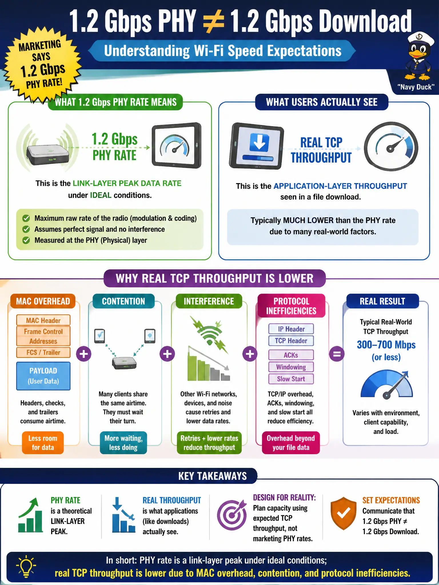 To Create an exciting colorful infographic that explains the concepts in the question: Question: Marketing materials for the civic center Wi-Fi advertise a 1.2 Gbps PHY rate. Stakeholders expect every visitor tablet to see that speed in a file download. What should the CWNE-level explanation emphasize? Correct Answer: PHY rate is a link-layer peak under ideal conditions; real TCP throughput is lower due to MAC overhead, contention, and protocol inefficiencies Put EVERY visible label in double quotes. No people. No A/B/C/D letters. In one of the four corners put a little "Navy Duck".