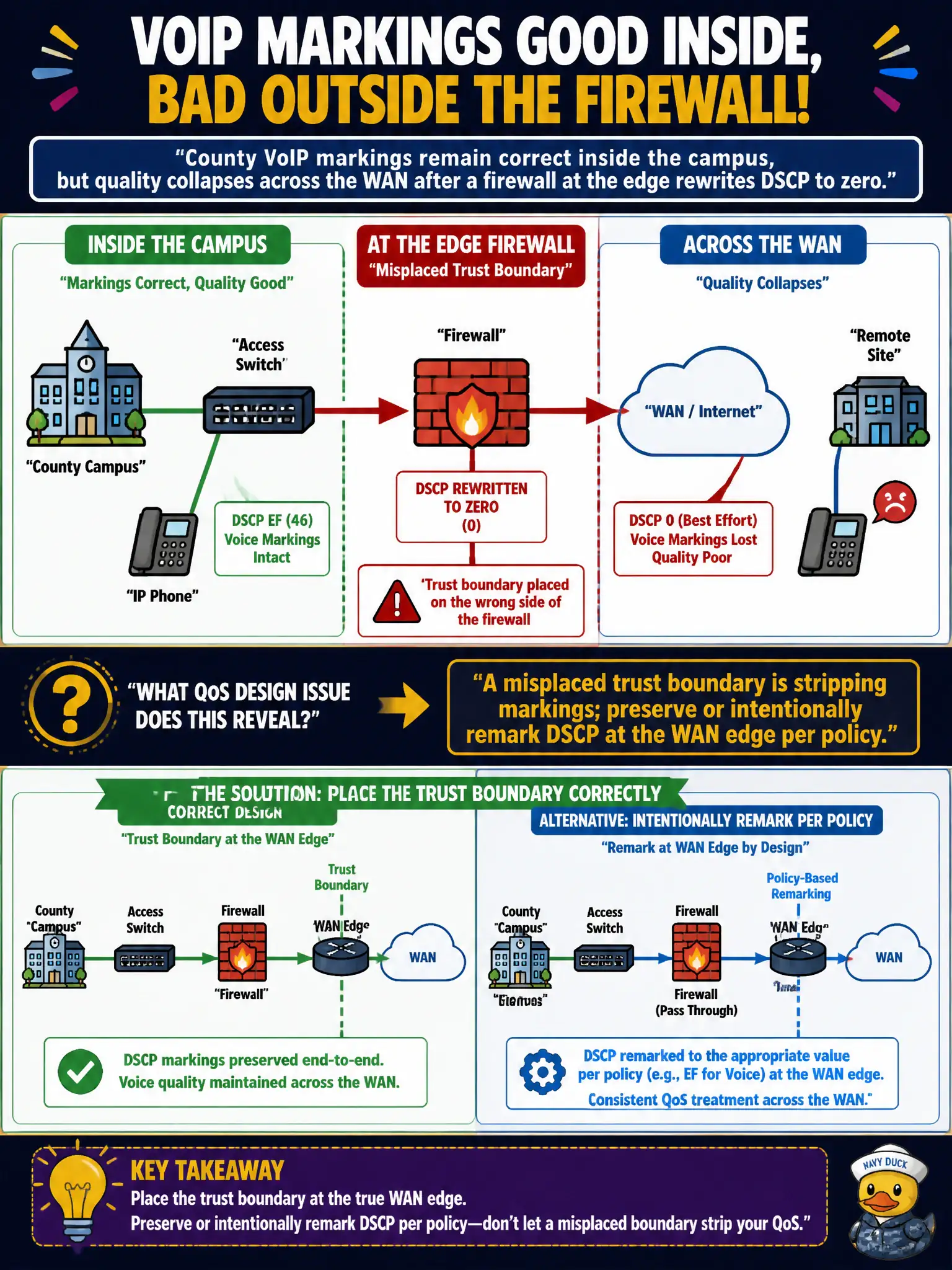 To Create an exciting colorful infographic that explains the concepts in the question: Question: County VoIP markings remain correct inside the campus, but quality collapses across the WAN after a firewall at the edge rewrites DSCP to zero. What QoS design issue does this reveal? Correct Answer: A misplaced trust boundary is stripping markings; preserve or intentionally remark DSCP at the WAN edge per policy Put EVERY visible label in double quotes. No people. No A/B/C/D letters. In one of the four corners put a little "Navy Duck".