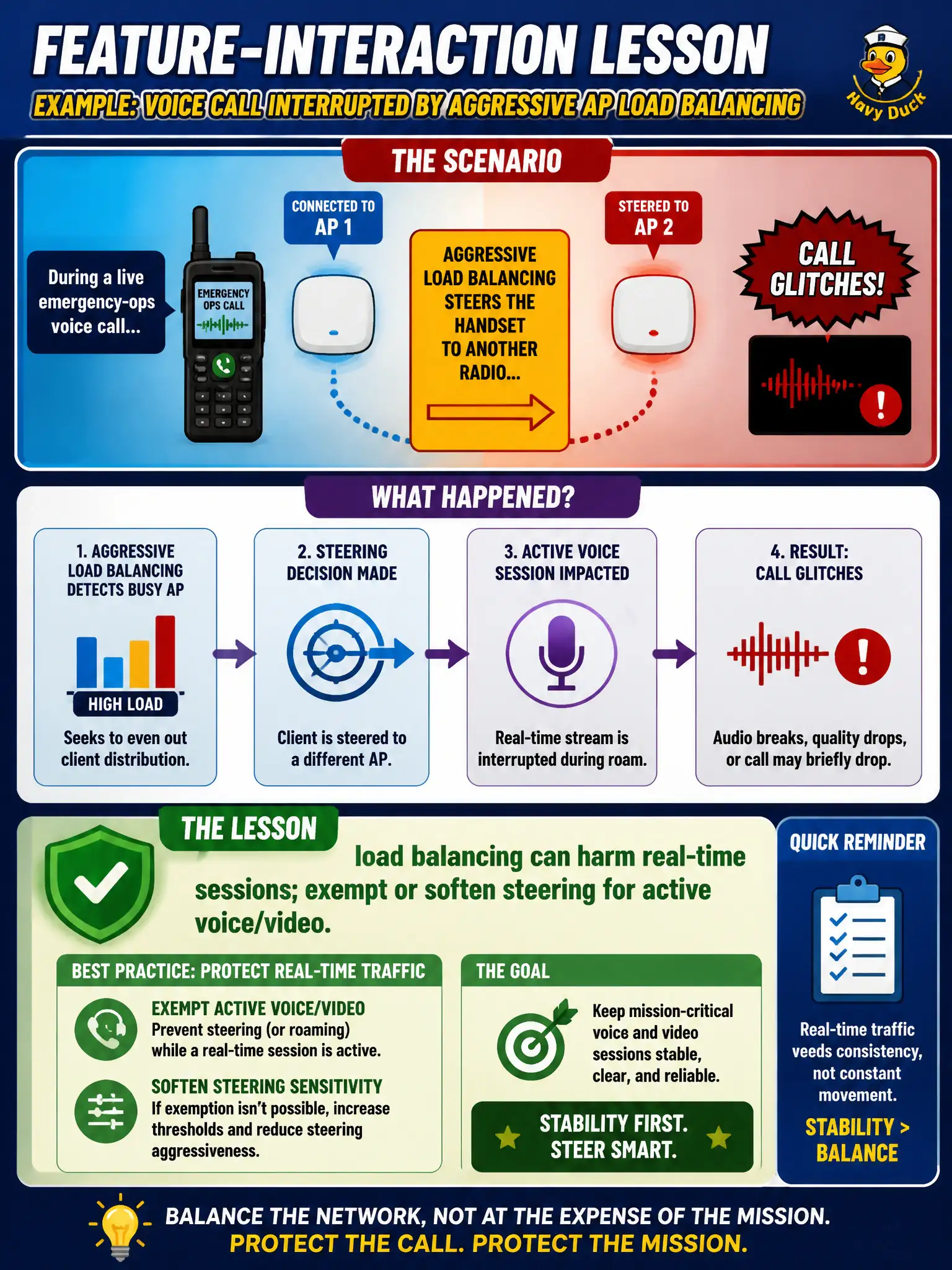 To Create an exciting colorful infographic that explains the concepts in the question: Question: During a live emergency-ops voice call, aggressive AP load-balancing steers the handset to another radio mid-conversation and the call glitches. What feature-interaction lesson applies? Correct Answer: Aggressive load balancing can harm real-time sessions; exempt or soften steering for active voice/video Put EVERY visible label in double quotes. No people. No A/B/C/D letters. In one of the four corners put a little "Navy Duck".