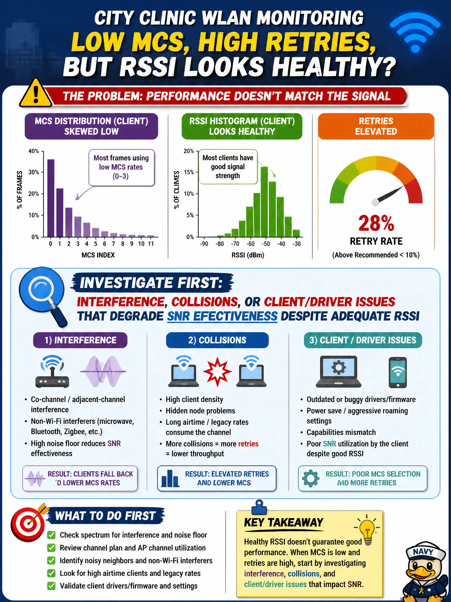 To Create an exciting colorful infographic that explains the concepts in the question: Question: Monitoring for a city clinic WLAN shows client MCS distributions skewed low even though RSSI histograms look healthy. Retries are elevated. What should the expert investigate first? Correct Answer: Interference, collisions, or client/driver issues that degrade SNR effectiveness despite adequate RSSI Put EVERY visible label in double quotes. No people. No A/B/C/D letters. In one of the four corners put a little "Navy Duck".