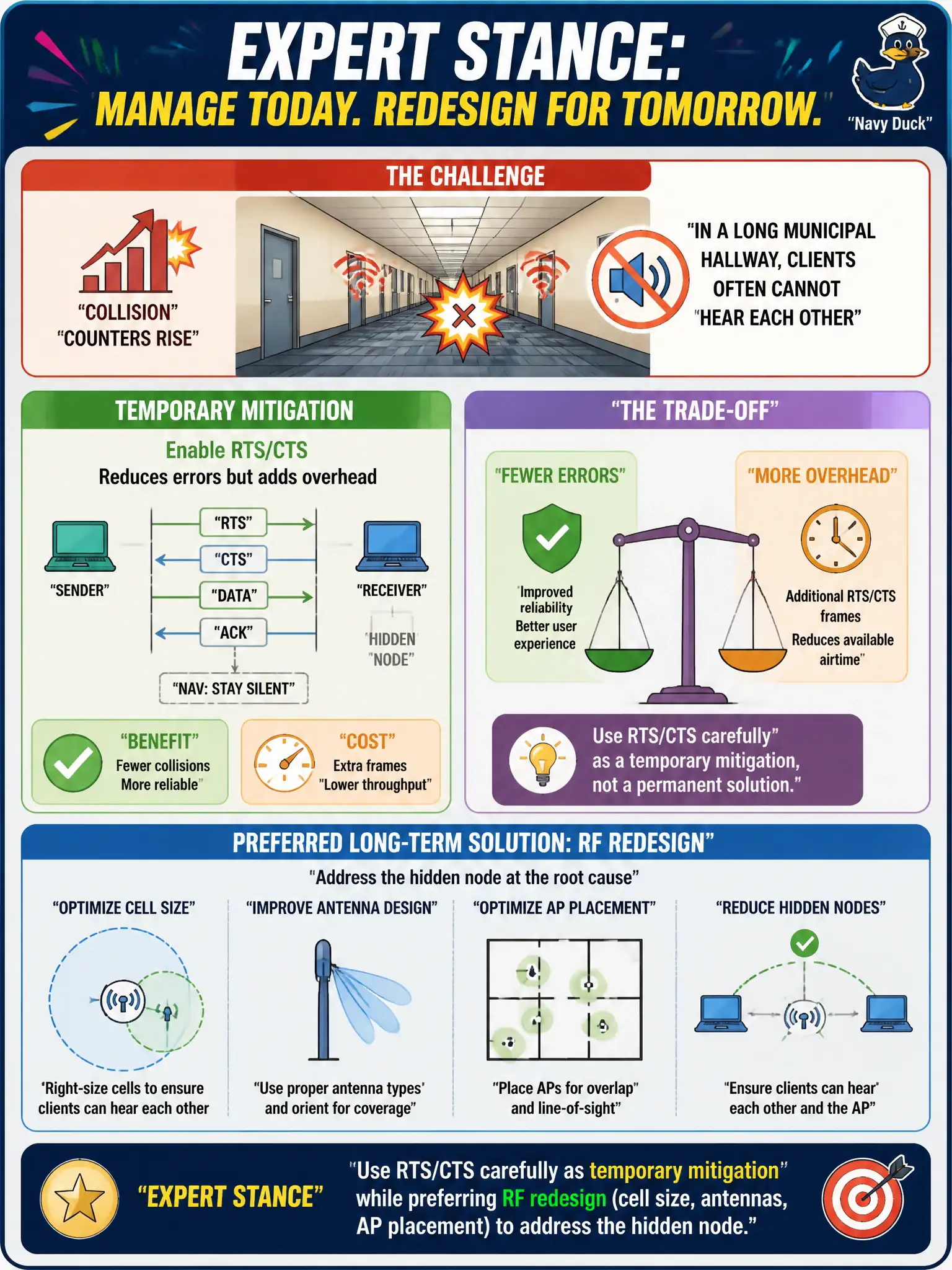 To Create an exciting colorful infographic that explains the concepts in the question: Question: Collision counters rise in a long municipal hallway where clients often cannot hear each other; a temporary enablement of RTS/CTS reduces errors but adds overhead. What is the expert stance? Correct Answer: Use RTS/CTS carefully as temporary mitigation while preferring RF redesign (cell size, antennas, AP placement) to address the hidden node Put EVERY visible label in double quotes. No people. No A/B/C/D letters. In one of the four corners put a little "Navy Duck".