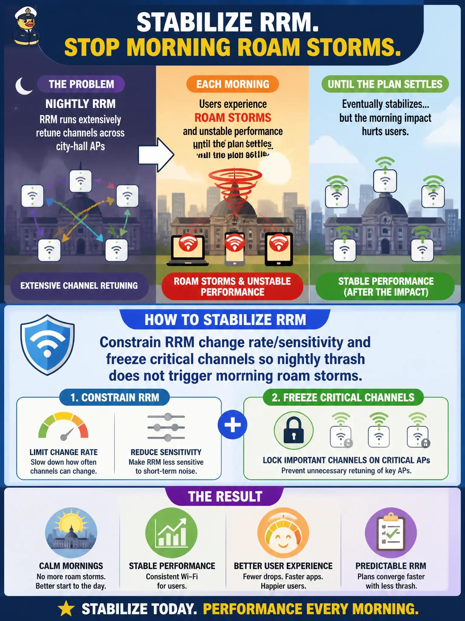 To Create an exciting colorful infographic that explains the concepts in the question: Question: Nightly RRM runs extensively retune channels across city-hall APs; each morning users experience roam storms and unstable performance until the plan settles. How should RRM be stabilized? Correct Answer: Constrain RRM change rate/sensitivity and freeze critical channels so nightly thrash does not trigger morning roam storms Put EVERY visible label in double quotes. No people. No A/B/C/D letters. In one of the four corners put a little "Navy Duck".