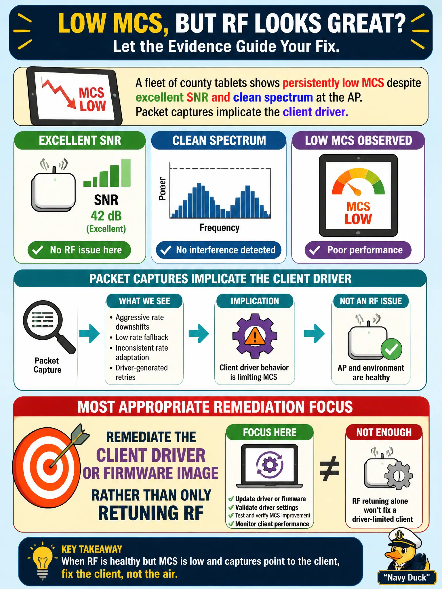To Create an exciting colorful infographic that explains the concepts in the question: Question: A fleet of county tablets shows persistently low MCS despite excellent SNR and clean spectrum at the AP. Packet captures implicate the client driver. What is the most appropriate remediation focus? Correct Answer: Remediate the client driver or firmware image rather than only retuning RF Put EVERY visible label in double quotes. No people. No A/B/C/D letters. In one of the four corners put a little "Navy Duck".