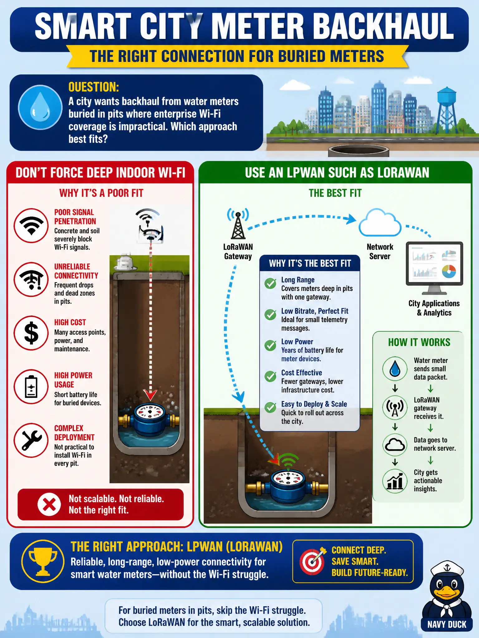 To Create an exciting colorful infographic that explains the concepts in the question: Question: A city wants backhaul from water meters buried in pits where enterprise Wi-Fi coverage is impractical. Which approach best fits? Correct Answer: Use an LPWAN such as LoRaWAN for long-range, low-bitrate meter telemetry instead of forcing deep indoor Wi-Fi to every pit Put EVERY visible label in double quotes. No people. No A/B/C/D letters. In one of the four corners put a little "Navy Duck".