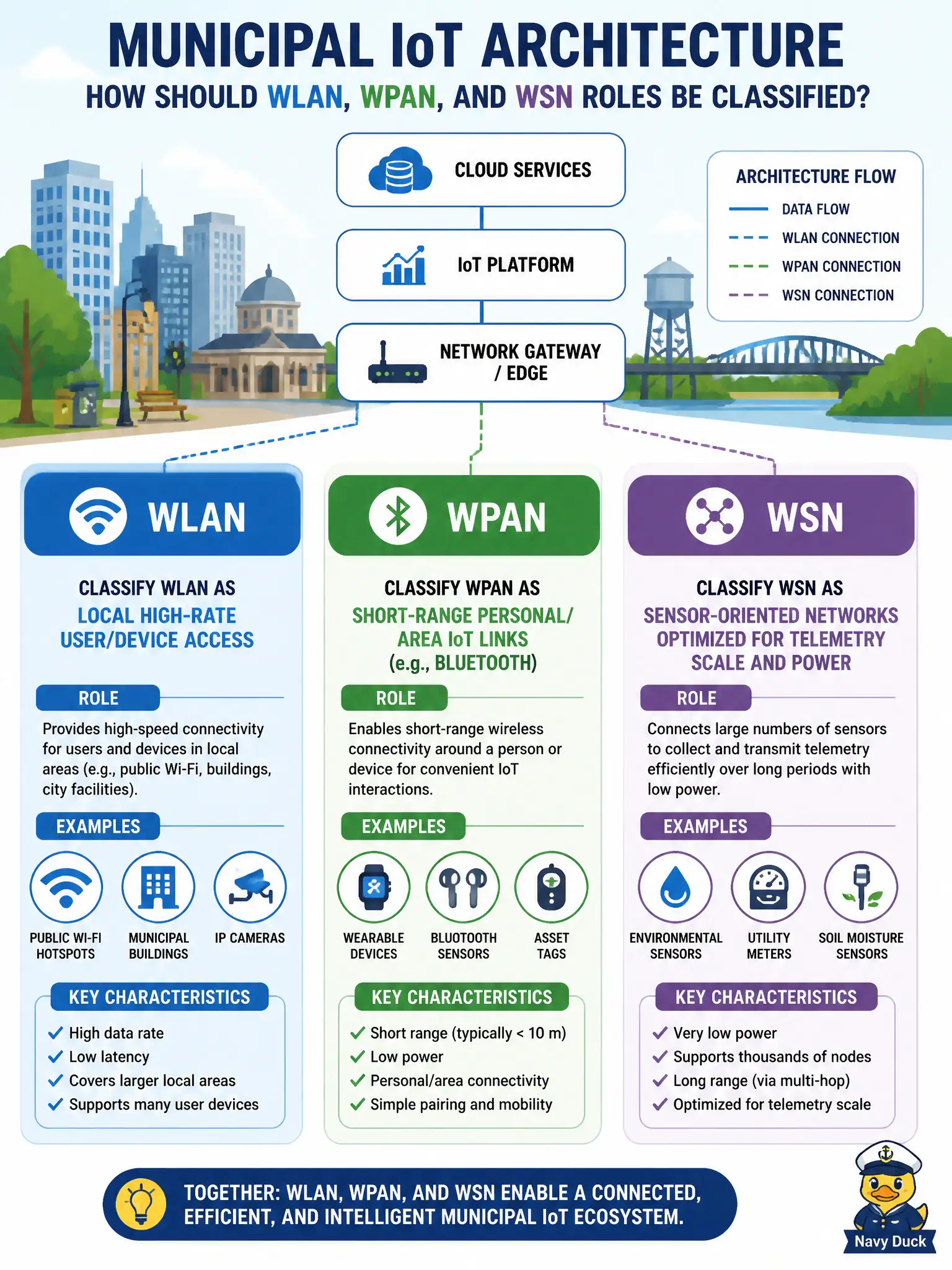 To Create an exciting colorful infographic that explains the concepts in the question: Question: On a municipal IoT architecture diagram, how should WLAN, WPAN, and WSN roles be classified? Correct Answer: Classify WLAN as local high-rate user/device access, WPAN as short-range personal/area IoT links (e.g., Bluetooth), and WSN as sensor-oriented networks optimized for telemetry scale and power Put EVERY visible label in double quotes. No people. No A/B/C/D letters. In one of the four corners put a little "Navy Duck".