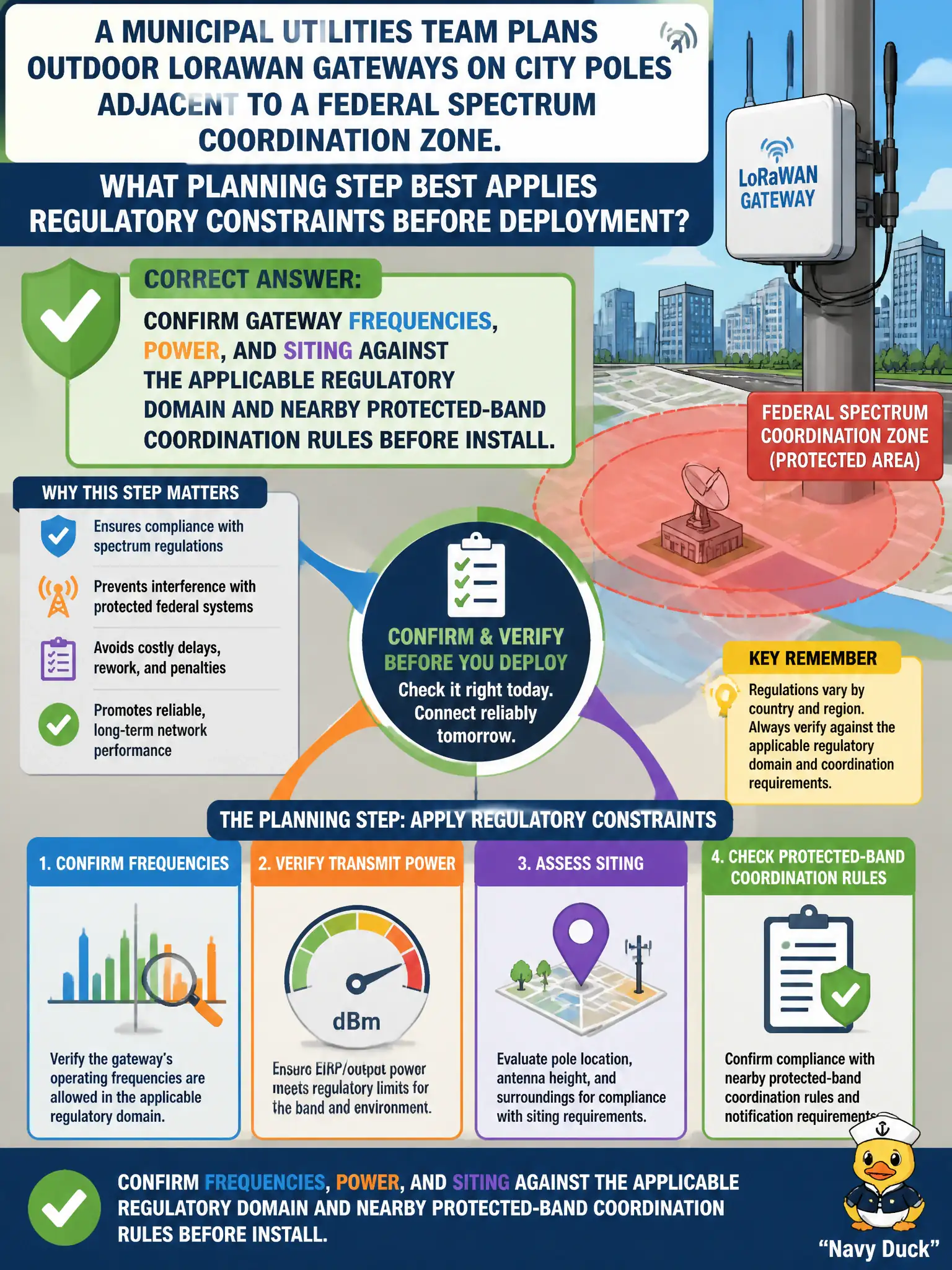 To Create an exciting colorful infographic that explains the concepts in the question: Question: A municipal utilities team plans outdoor LoRaWAN gateways on city poles adjacent to a federal spectrum coordination zone. What planning step best applies regulatory constraints before deployment? Correct Answer: Confirm gateway frequencies, power, and siting against the applicable regulatory domain and nearby protected-band coordination rules before install. Put EVERY visible label in double quotes. No people. No A/B/C/D letters. In one of the four corners put a little "Navy Duck".
