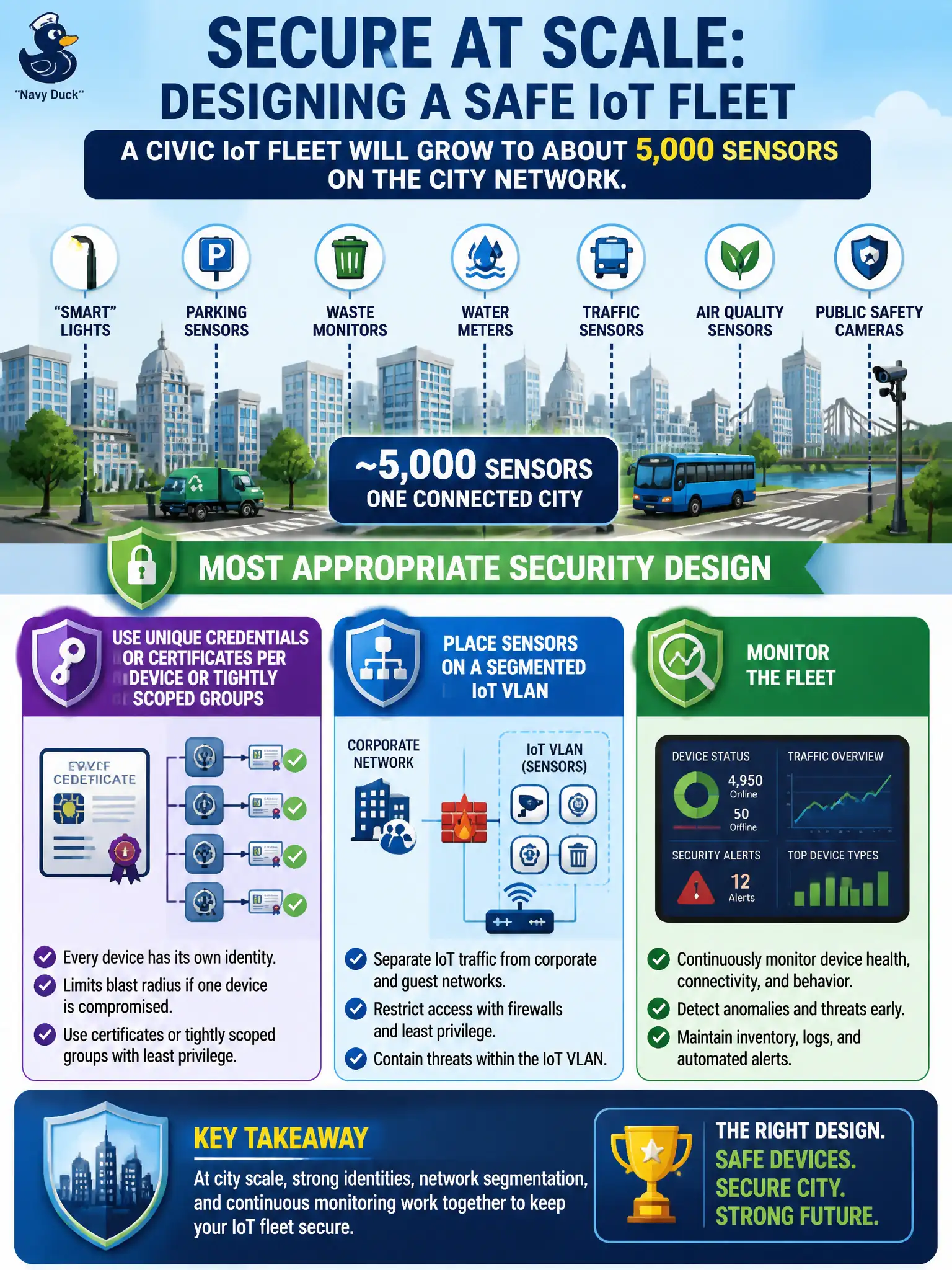 To Create an exciting colorful infographic that explains the concepts in the question: Question: A civic IoT fleet will grow to about 5,000 sensors on the city network. Which security design is most appropriate at that scale? Correct Answer: Use unique credentials or certificates per device or tightly scoped groups, place sensors on a segmented IoT VLAN, and monitor the fleet. Put EVERY visible label in double quotes. No people. No A/B/C/D letters. In one of the four corners put a little "Navy Duck".