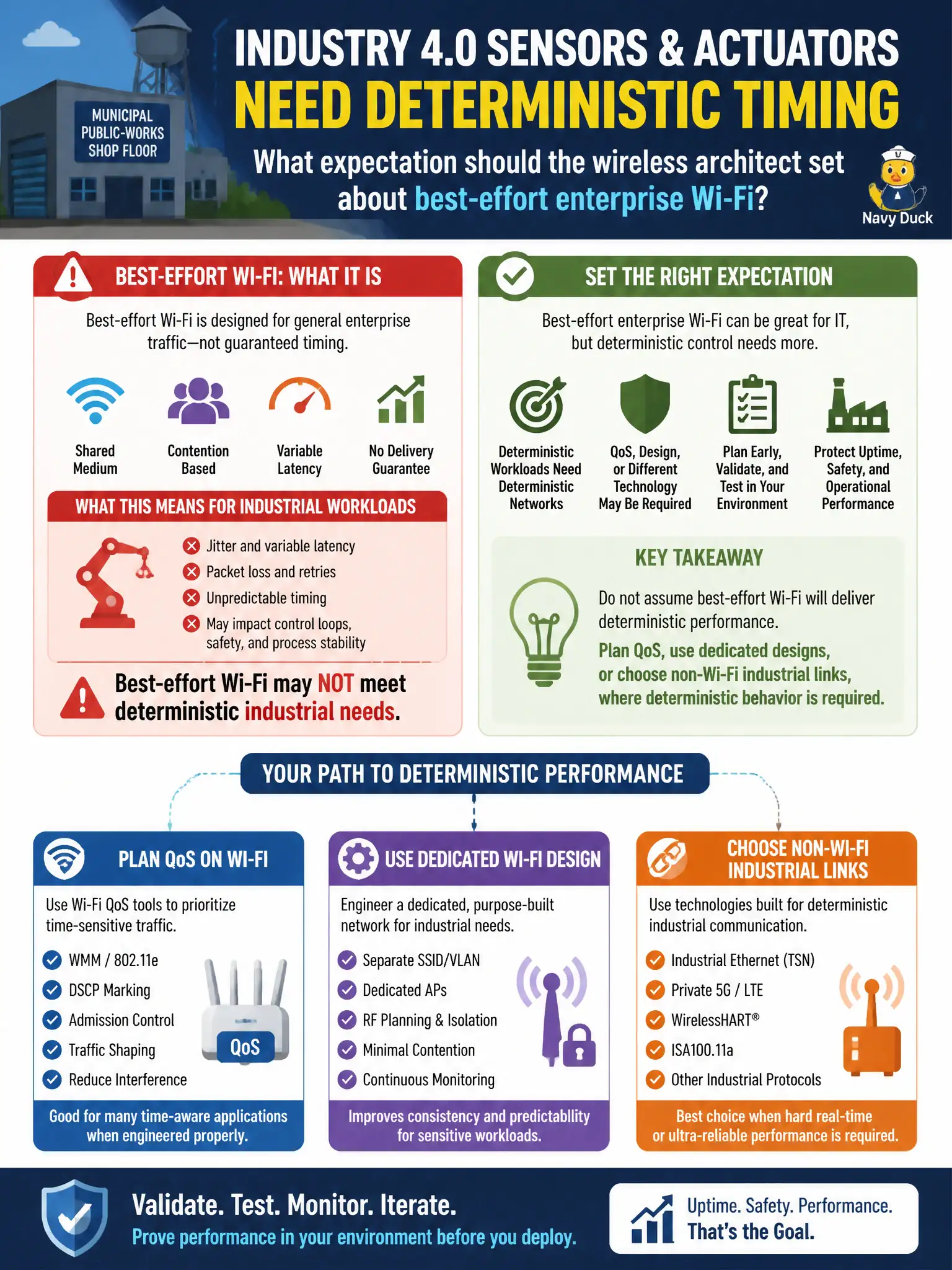 To Create an exciting colorful infographic that explains the concepts in the question: Question: A municipal public-works shop floor is evaluating Industry 4.0 sensors and actuators that need deterministic timing. What expectation should the wireless architect set about best-effort enterprise Wi-Fi? Correct Answer: Explain that best-effort Wi-Fi may not meet deterministic industrial needs and plan QoS, dedicated designs, or non-Wi-Fi industrial links where required. Put EVERY visible label in double quotes. No people. No A/B/C/D letters. In one of the four corners put a little "Navy Duck".