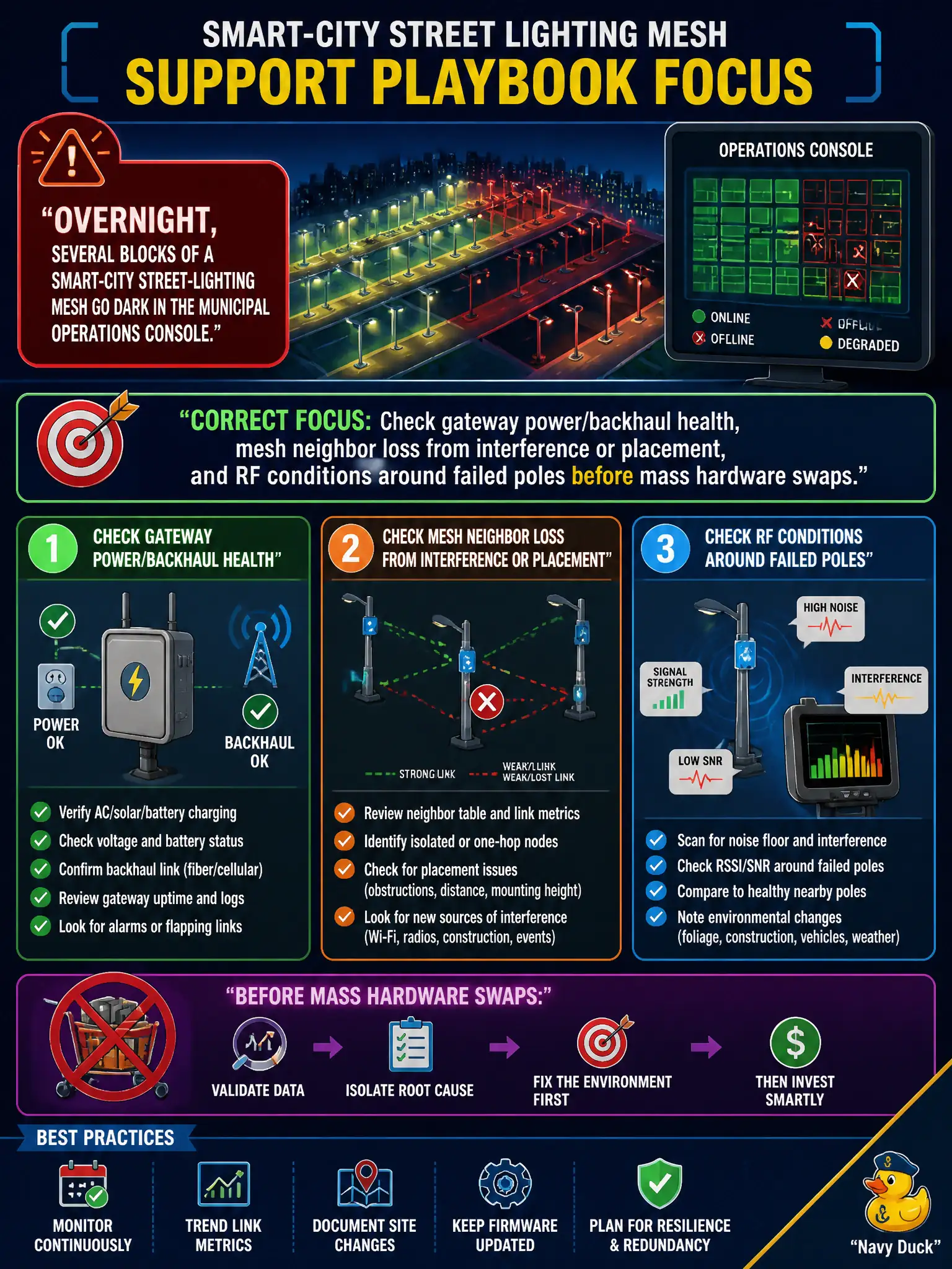 To Create an exciting colorful infographic that explains the concepts in the question: Question: Overnight, several blocks of a smart-city street-lighting mesh go dark in the municipal operations console. What support playbook focus best matches common outdoor IoT mesh and gateway failure modes? Correct Answer: Check gateway power/backhaul health, mesh neighbor loss from interference or placement, and RF conditions around failed poles before mass hardware swaps. Put EVERY visible label in double quotes. No people. No A/B/C/D letters. In one of the four corners put a little "Navy Duck".