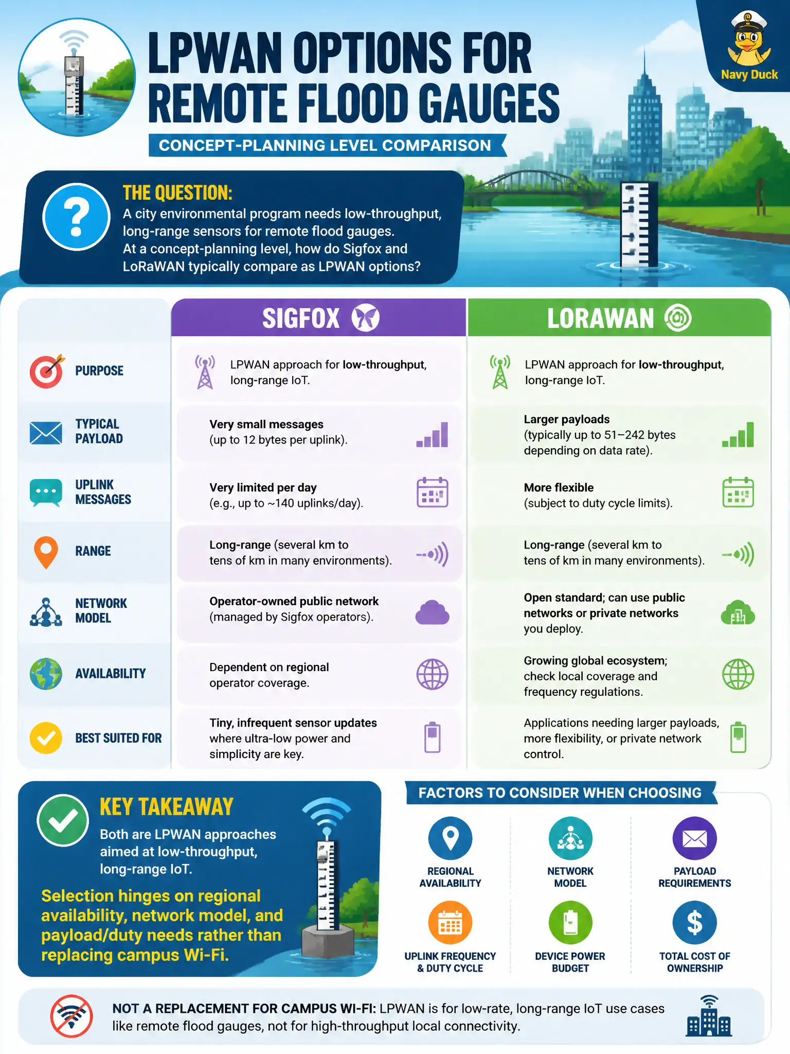To Create an exciting colorful infographic that explains the concepts in the question: Question: A city environmental program needs low-throughput, long-range sensors for remote flood gauges. At a concept-planning level, how do Sigfox and LoRaWAN typically compare as LPWAN options? Correct Answer: Both are LPWAN approaches aimed at low-throughput, long-range IoT; selection hinges on regional availability, network model, and payload/duty needs rather than replacing campus Wi-Fi. Put EVERY visible label in double quotes. No people. No A/B/C/D letters. In one of the four corners put a little "Navy Duck".
