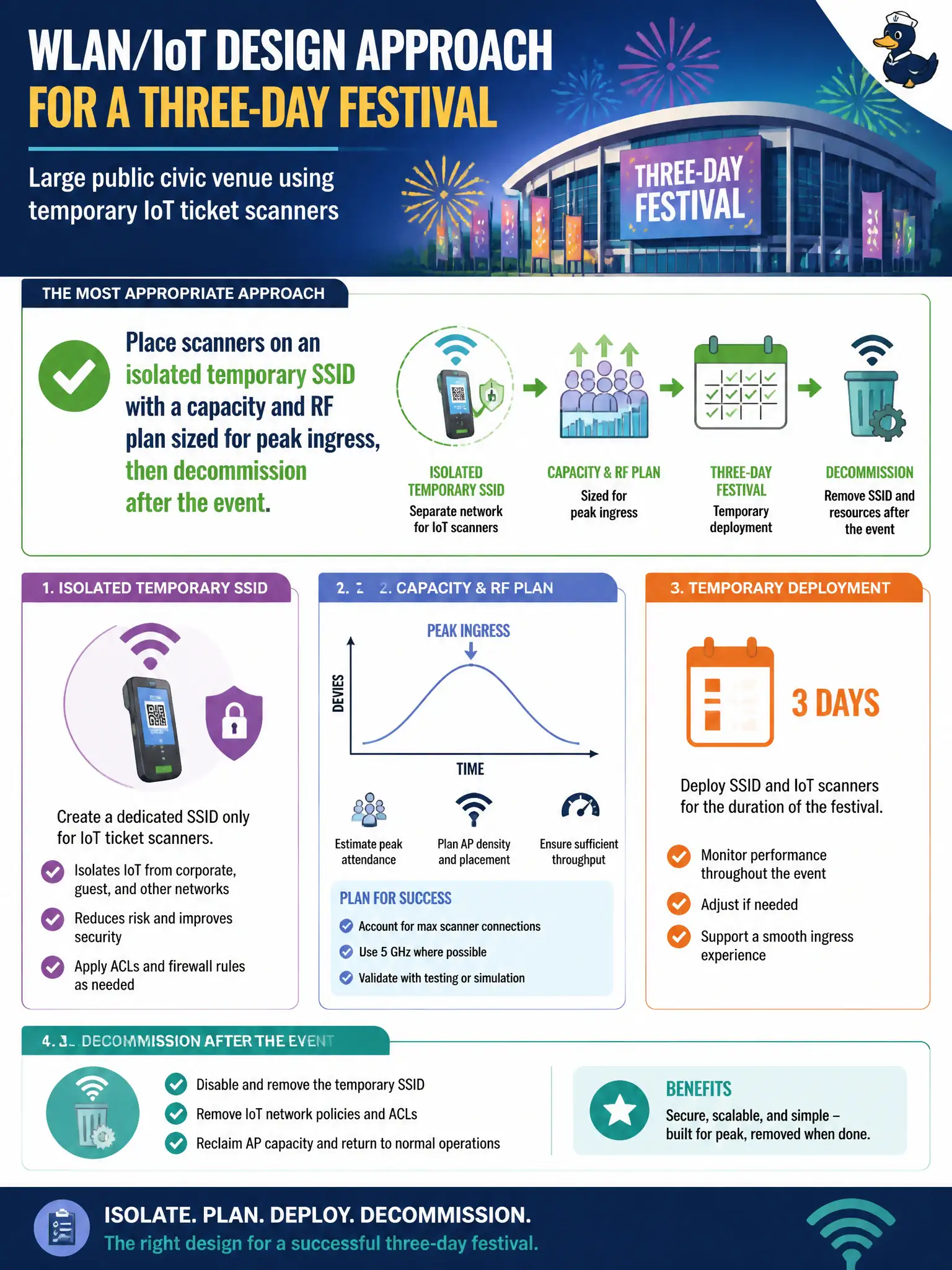 To Create an exciting colorful infographic that explains the concepts in the question: Question: A large public civic venue will use temporary IoT ticket scanners for a three-day festival. What WLAN/IoT design approach is most appropriate? Correct Answer: Place scanners on an isolated temporary SSID with a capacity and RF plan sized for peak ingress, then decommission after the event. Put EVERY visible label in double quotes. No people. No A/B/C/D letters. In one of the four corners put a little "Navy Duck".