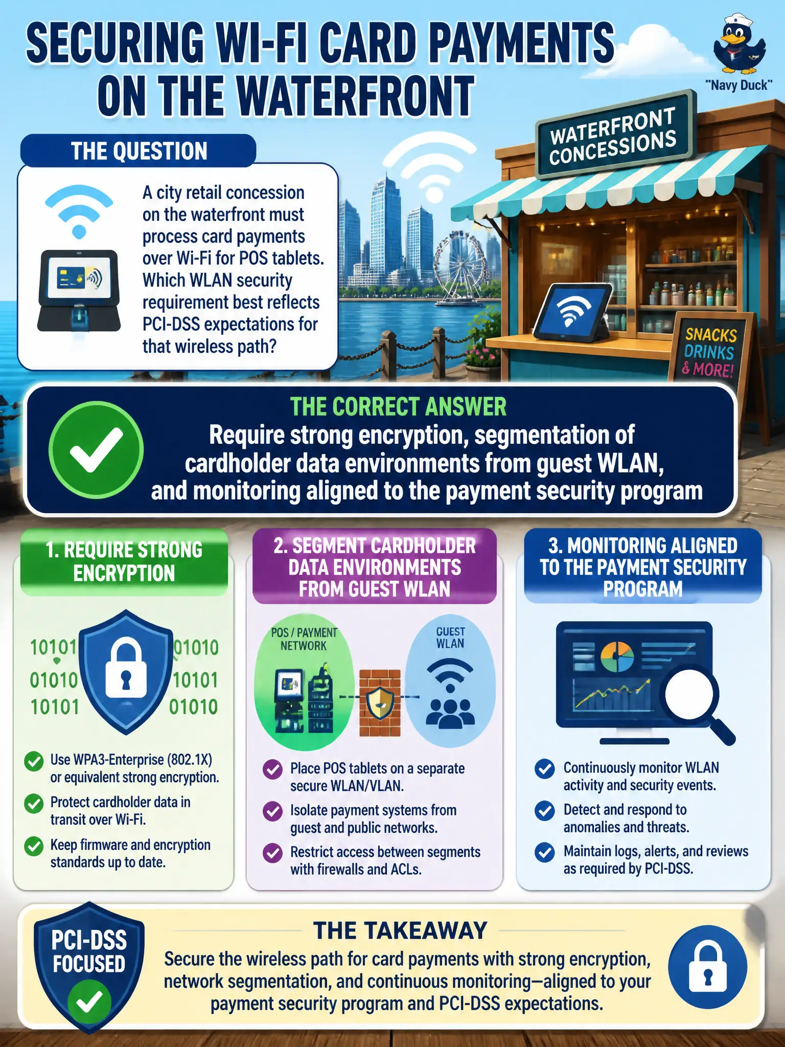 To Create an exciting colorful infographic that explains the concepts in the question: Question: A city retail concession on the waterfront must process card payments over Wi-Fi for POS tablets. Which WLAN security requirement best reflects PCI-DSS expectations for that wireless path? Correct Answer: Require strong encryption, segmentation of cardholder data environments from guest WLAN, and monitoring aligned to the payment security program Put EVERY visible label in double quotes. No people. No A/B/C/D letters. In one of the four corners put a little "Navy Duck".
