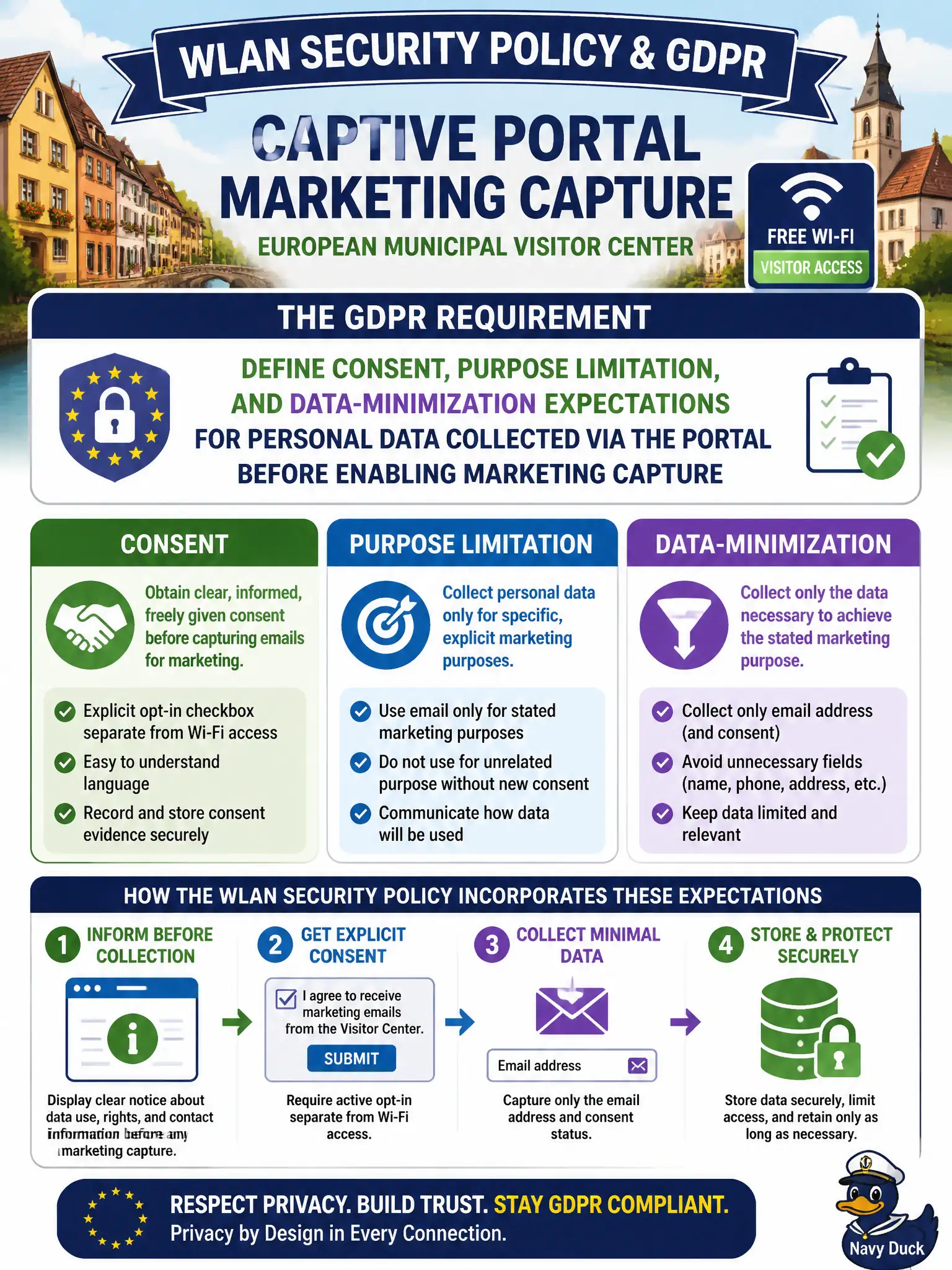To Create an exciting colorful infographic that explains the concepts in the question: Question: A European municipal visitor center will collect guest email addresses through the Wi-Fi captive portal for marketing. Which requirement should WLAN security policy work incorporate under GDPR? Correct Answer: Define consent, purpose limitation, and data-minimization expectations for personal data collected via the portal before enabling marketing capture Put EVERY visible label in double quotes. No people. No A/B/C/D letters. In one of the four corners put a little "Navy Duck".