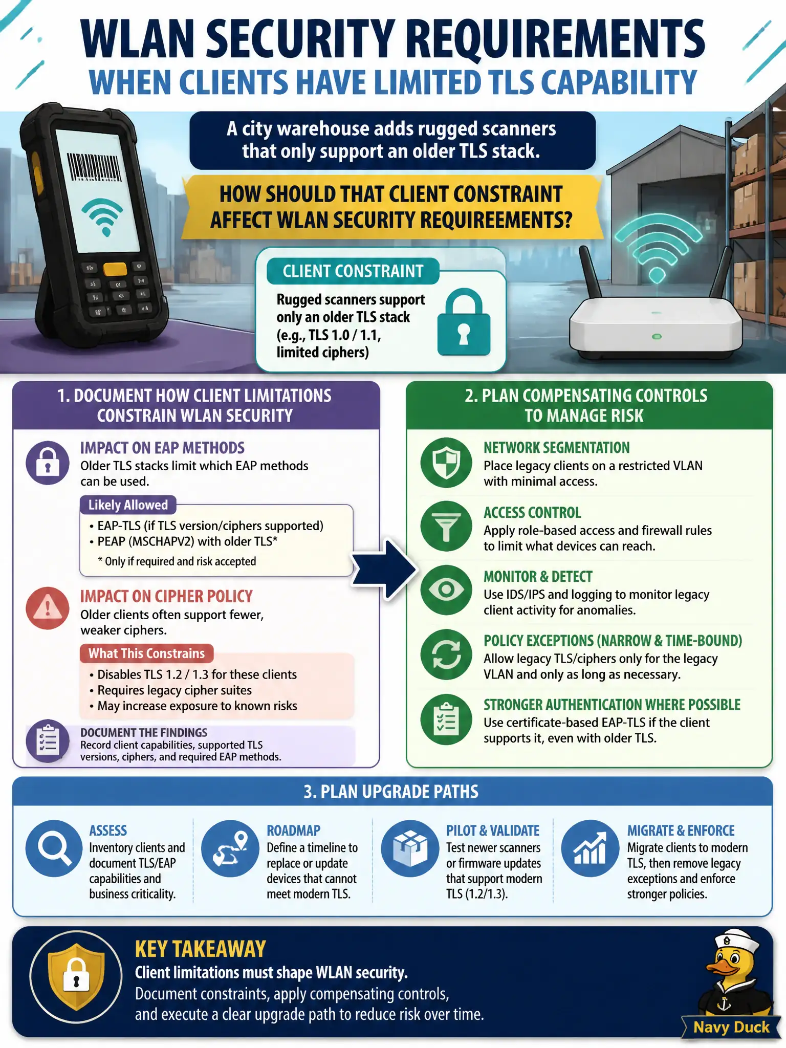 To Create an exciting colorful infographic that explains the concepts in the question: Question: A city warehouse adds rugged scanners that only support an older TLS stack. How should that client constraint affect WLAN security requirements? Correct Answer: Document how limited client crypto capability constrains allowed EAP methods and cipher policy, then plan compensating controls or upgrade paths Put EVERY visible label in double quotes. No people. No A/B/C/D letters. In one of the four corners put a little "Navy Duck".