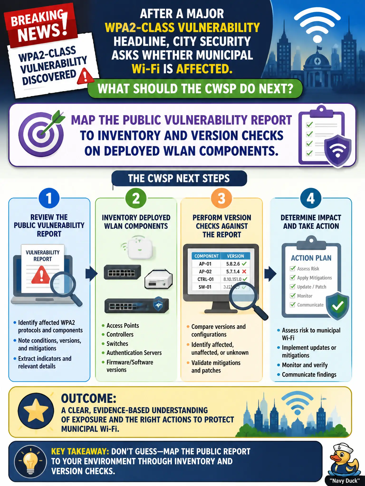 To Create an exciting colorful infographic that explains the concepts in the question: Question: After a major WPA2-class vulnerability headline, city security asks whether municipal Wi-Fi is affected. What should the CWSP do next? Correct Answer: Map the public vulnerability report to inventory and version checks on deployed WLAN components. Put EVERY visible label in double quotes. No people. No A/B/C/D letters. In one of the four corners put a little "Navy Duck".
