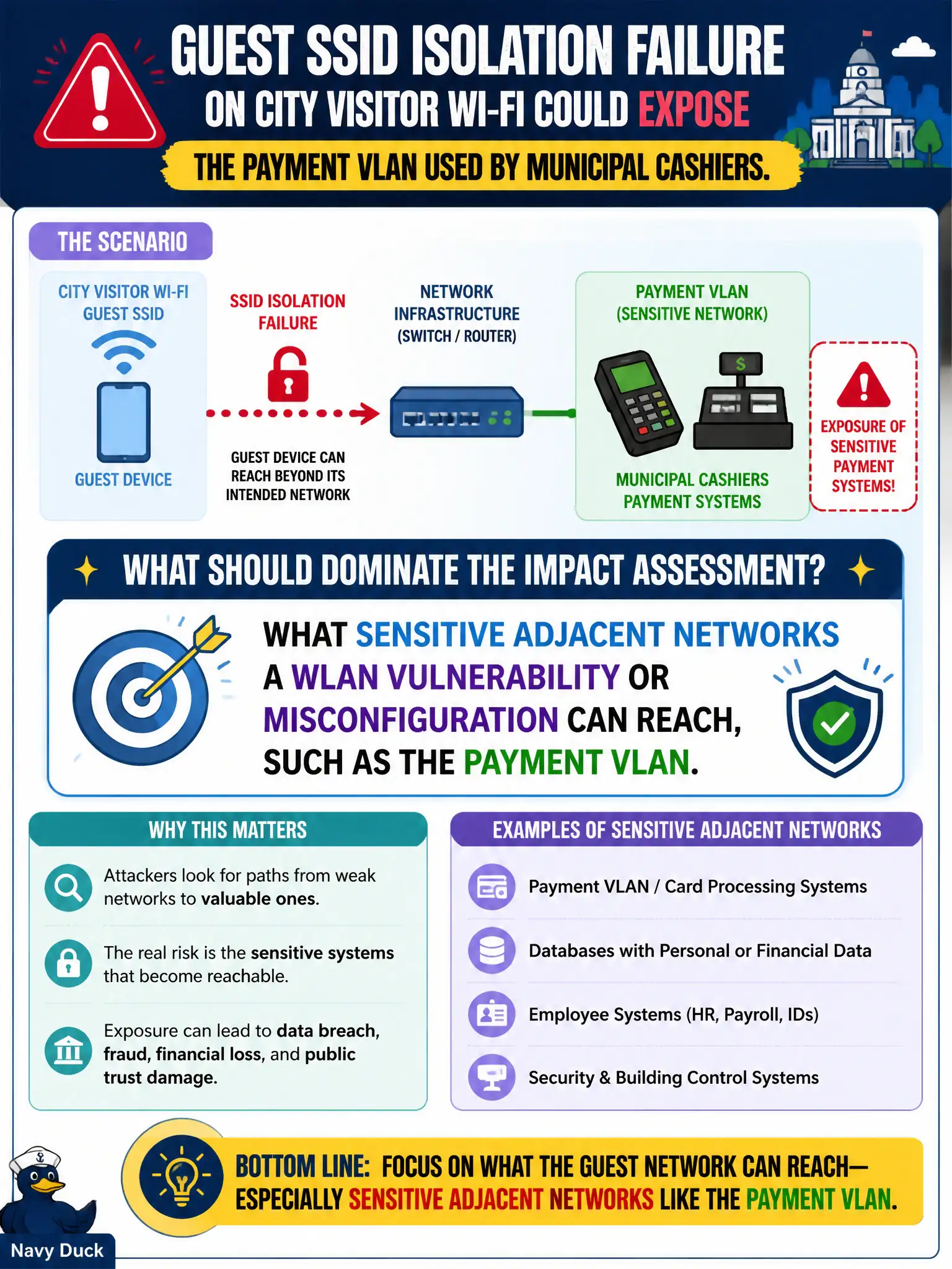 To Create an exciting colorful infographic that explains the concepts in the question: Question: A guest SSID isolation failure on city visitor Wi-Fi could expose the payment VLAN used by municipal cashiers. What should dominate the impact assessment? Correct Answer: What sensitive adjacent networks a WLAN vulnerability or misconfiguration can reach, such as the payment VLAN. Put EVERY visible label in double quotes. No people. No A/B/C/D letters. In one of the four corners put a little "Navy Duck".